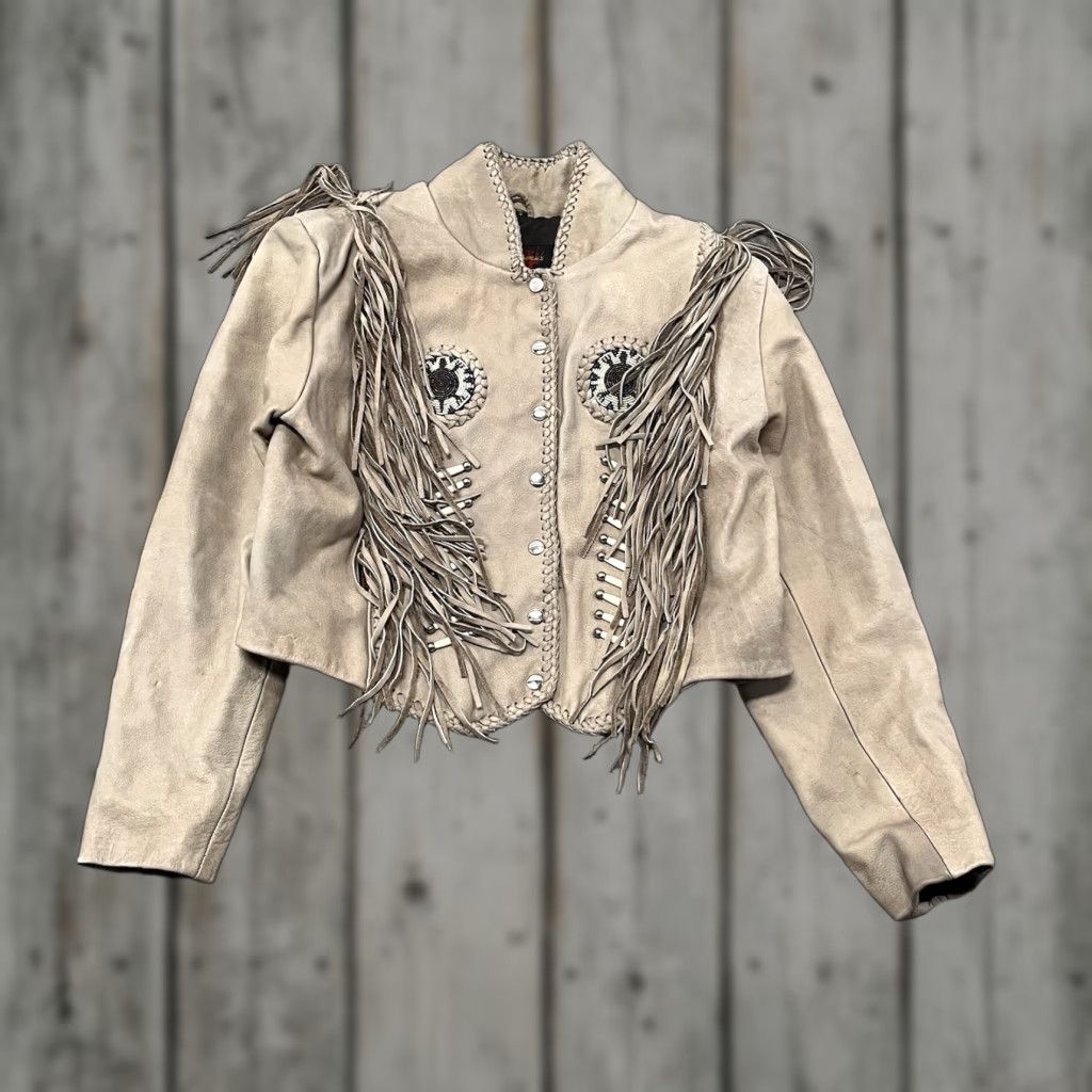 VINTAGE Hot Leathers Brown Beaded Fringed Bone Motorcycle Jacket XXL Women Southwestern
