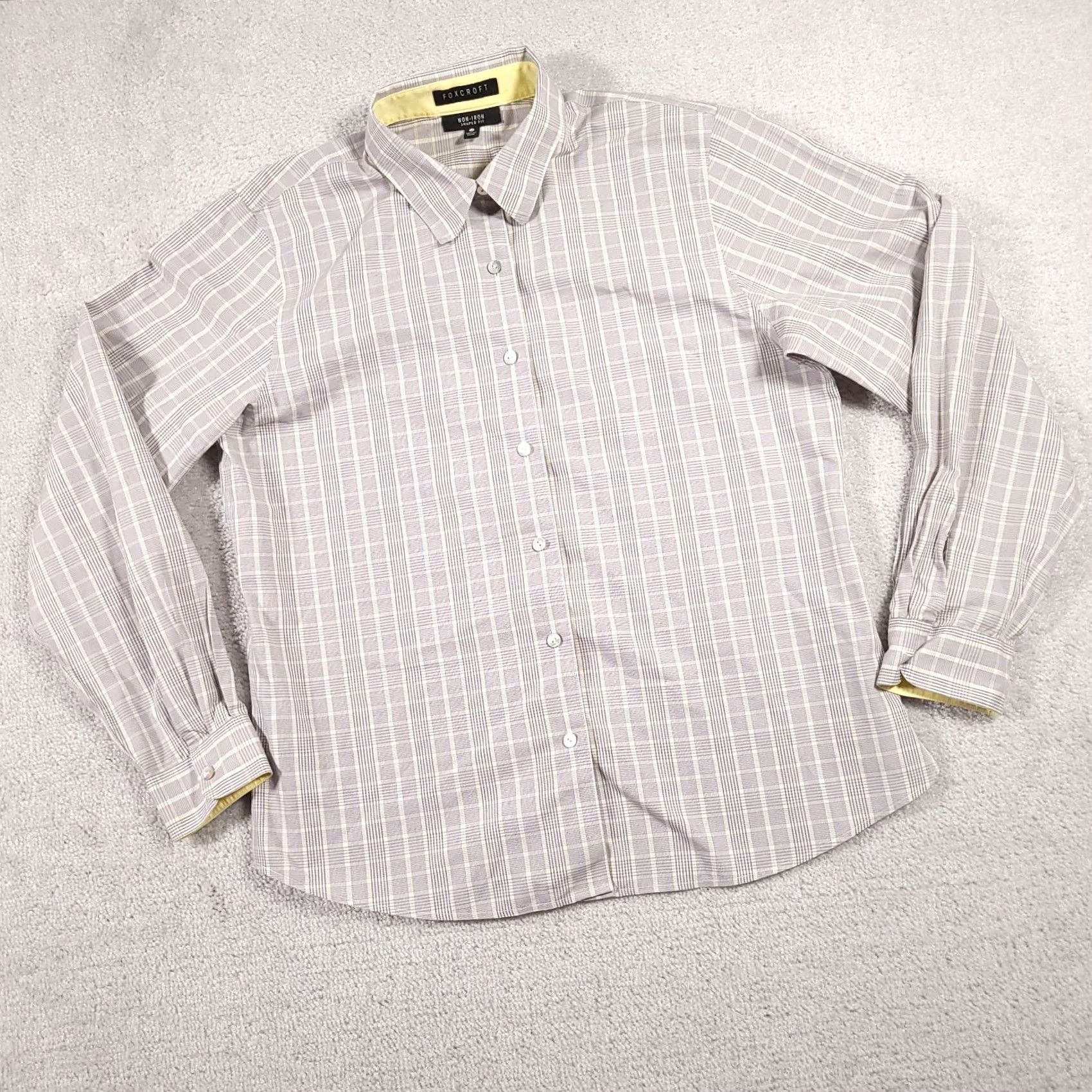 Vintage Foxcroft Shirt Women's 12 Gray Yellow Plaid Shaped Fit Non-Iron Button Up Size XL / US 12-14 / IT 48-50 - 2 Thumbnail