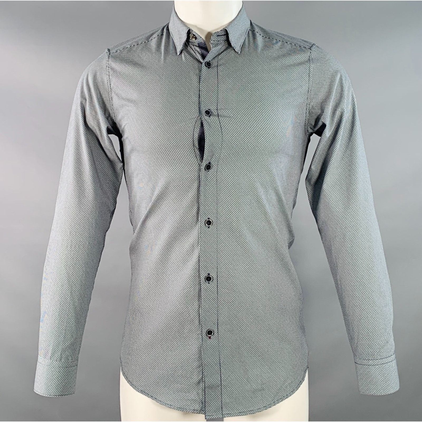Femme Navy White Geometric Cotton Spread Collar Long Sleeve