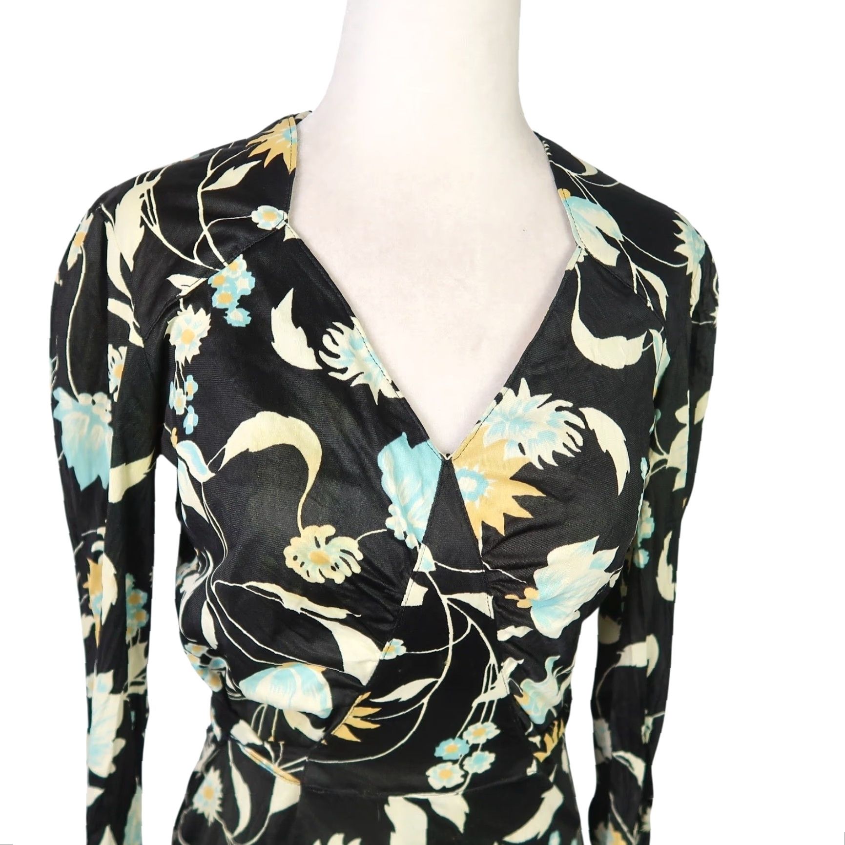 Vintage VINTAGE Plain Jane Dress A-Line Knee Length Floral Black Yellow S Womens 70s Bohemian V-Neck Long Sleeve Size S / US 4 / IT 40 - 2 Thumbnail