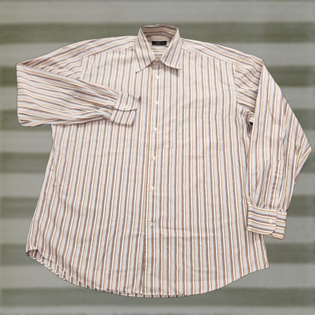 Corneliani Shirt Mens L Orange Blue Striped Button-Up Dress Italy Made