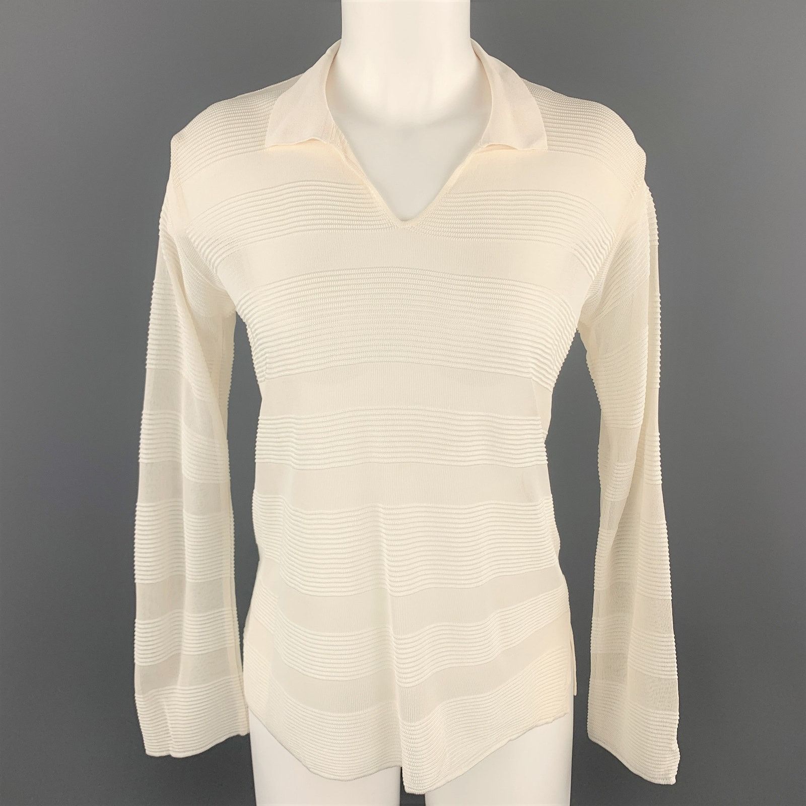 Giorgio Armani Size 4 Cream Burnout Striped Viscose Collared Pullover Size S / US 4 / IT 40 - 1 Thumbnail