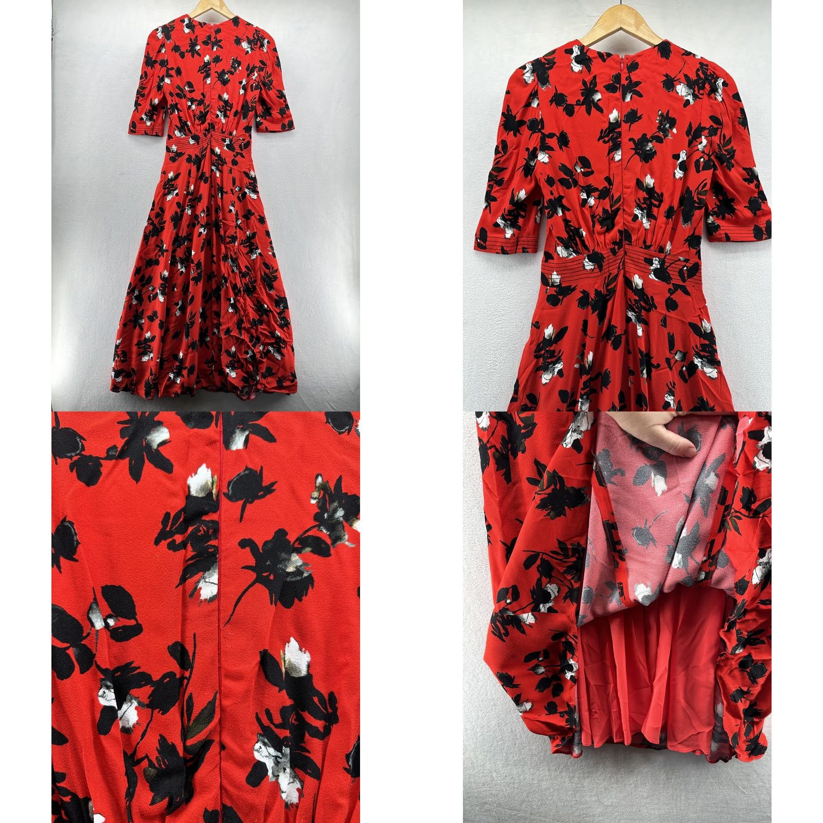 Vintage Derek Lam Dress Womens Medium Red Floral Puff Sleeve Maxi Lined Fit & Flare Navy Back Zip Crew Neck Size M / US 6-8 / IT 42-44 - 8 Thumbnail