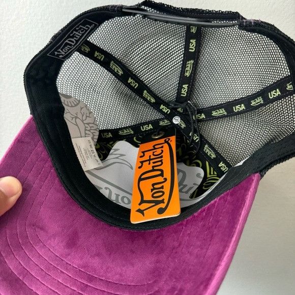Designer × Von Dutch NWT VON DUTCH PURPLE LIME VELVET CRUSH TRUCKER HAT Size ONE SIZE - 7 Thumbnail