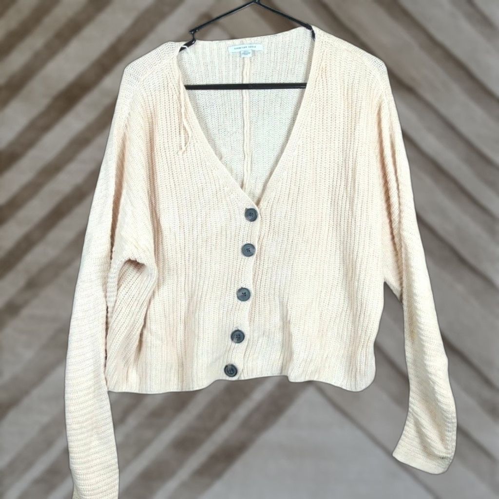 Vintage American Eagle Cardigan Sweater Beige Button Front Knit V-Neck M Womens Casual Preppy Size M / US 6-8 / IT 42-44 - 1 Thumbnail