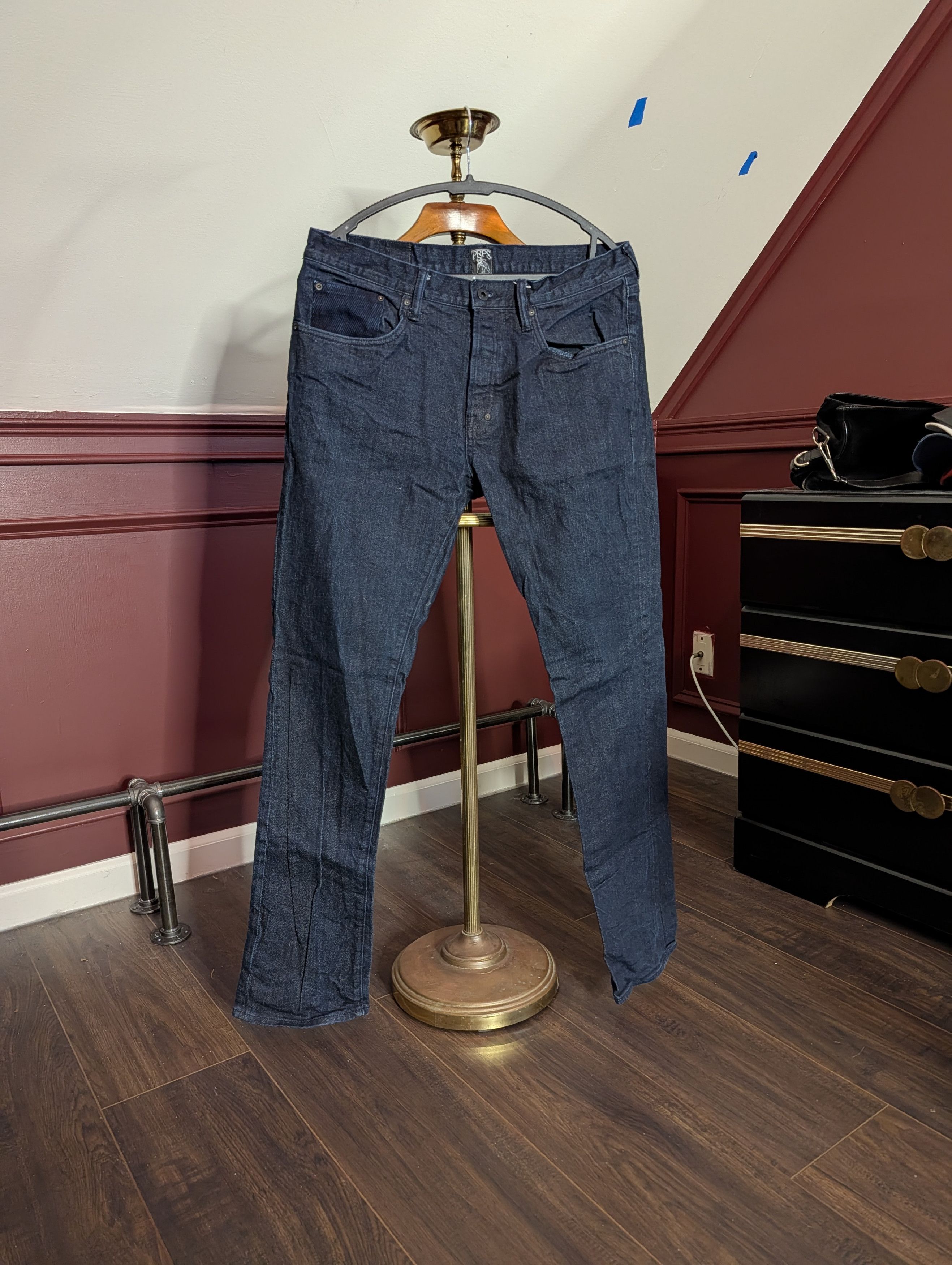 Demon indigo corduroy boro patch blue denim slim jeans