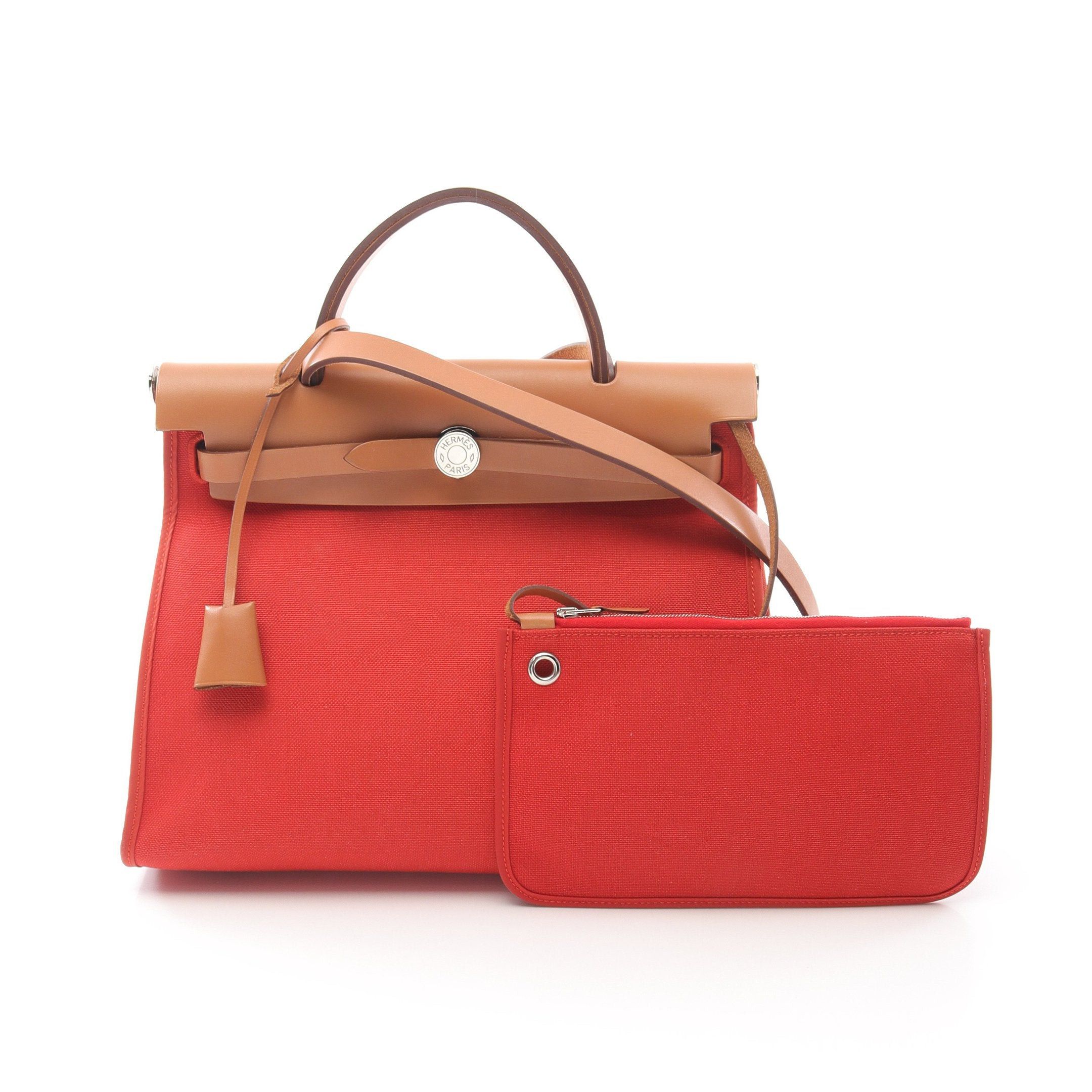 Hermes Hermes Herbag Zip Pm Capucines Handbag Vache Hunter Toile Military Orange Red Light Brown Silver Hardware A Stamp Size ONE SIZE - 1 Thumbnail