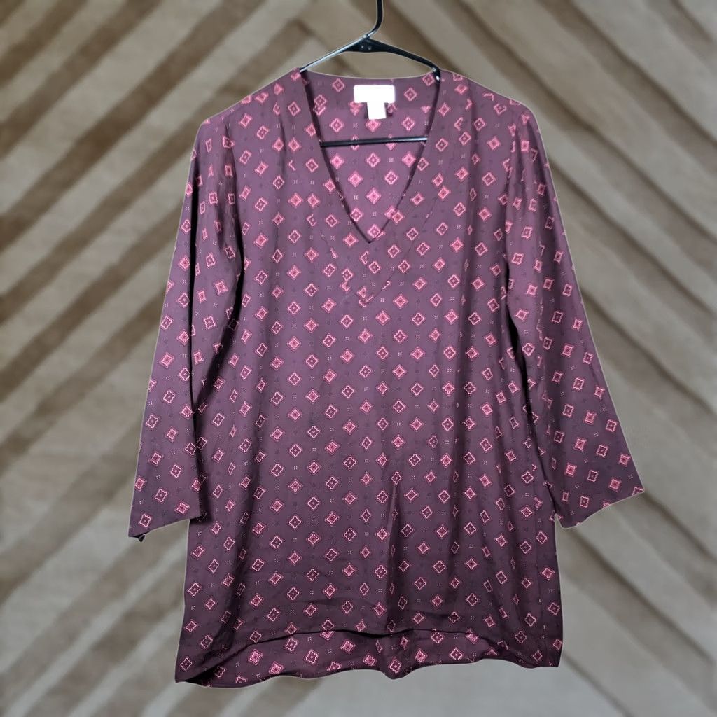 Ann Taylor LOFT Womens Blouse Maroon V Neck Long Sleeve Sheer Tunic XS Regular Pullover Chiffon Polyester Casual Workwear Size XS / US 0-2 / IT 36-38 - 1 Thumbnail
