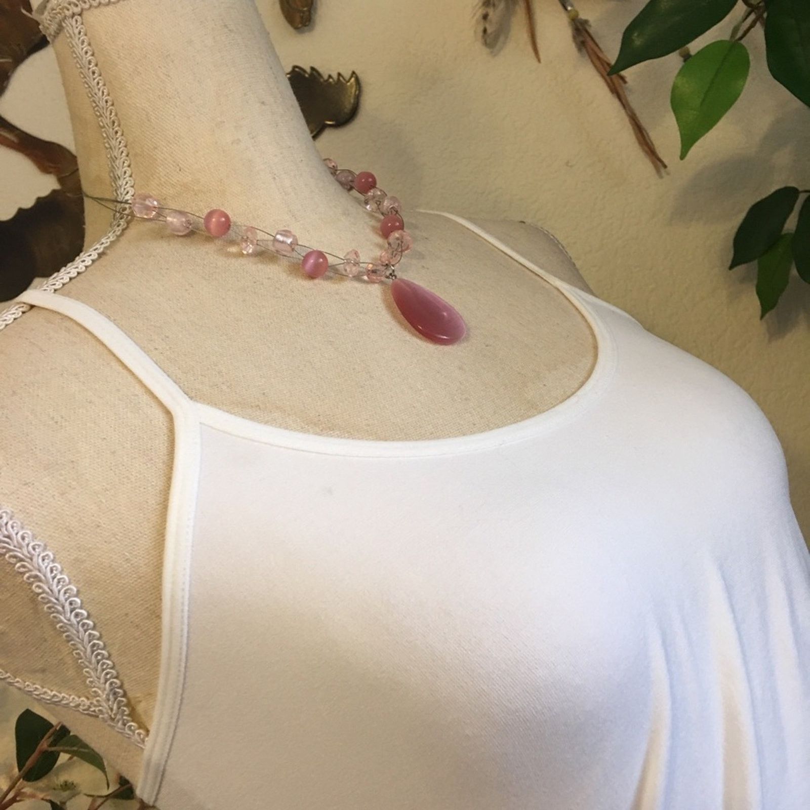 Jewelry Pink moon glow glass beaded fish line necklace Size ONE SIZE - 2 Thumbnail
