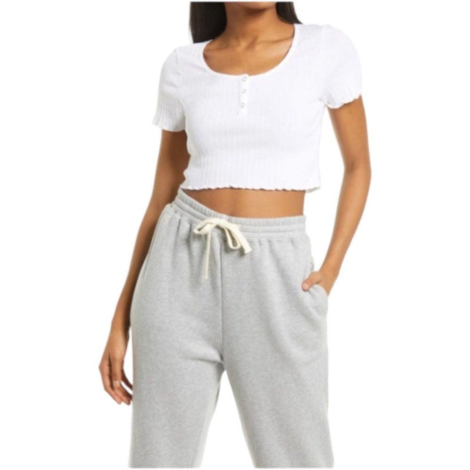 Other Bp. Pointelle Rib Crop Henley In Gray Size Small Size S / US 4 / IT 40 - 2 Thumbnail