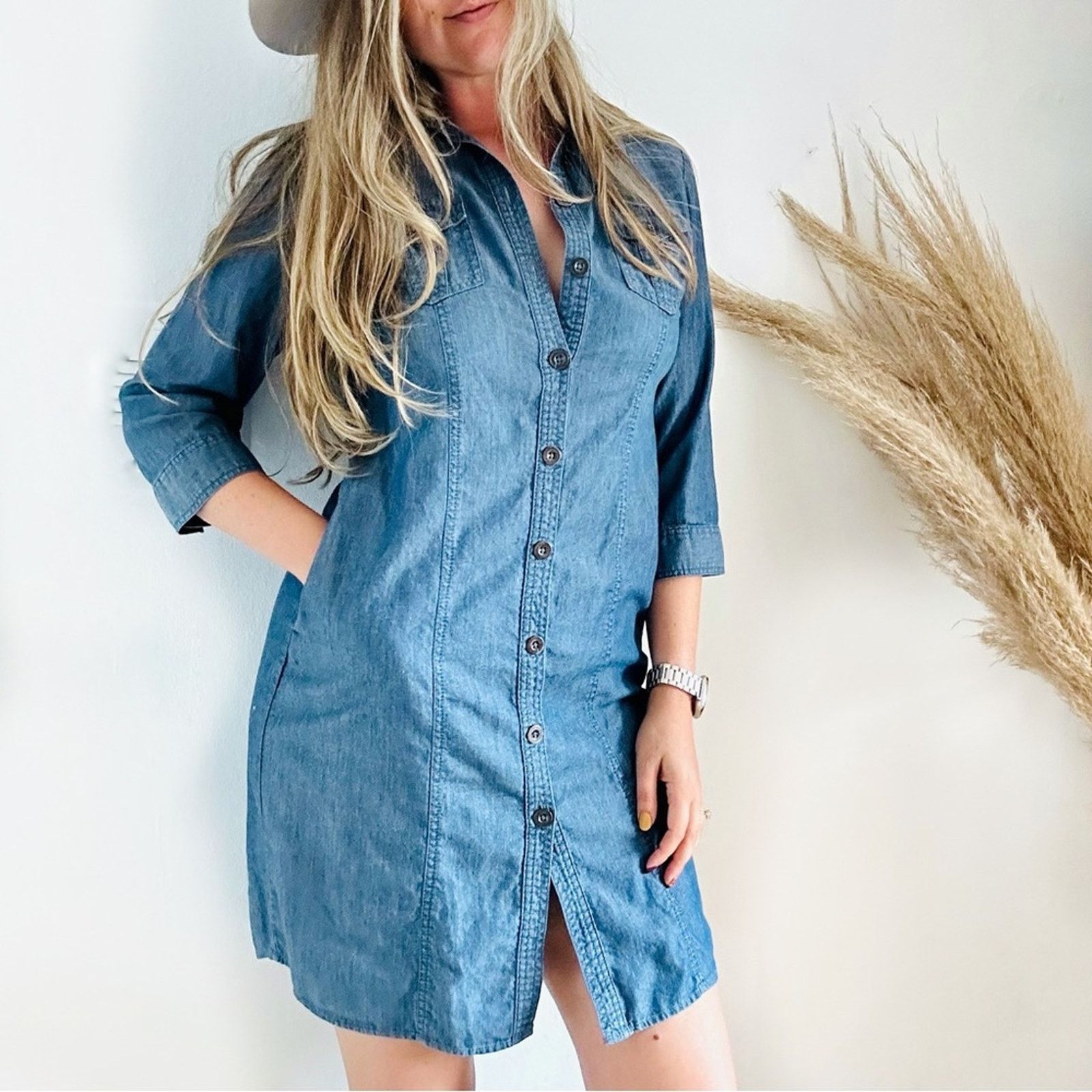 Chicos CHICOS Blue Denim Button 3/4 Mini Shirt Dress Tunic Pockets Size S / US 4 / IT 40 - 3 Thumbnail