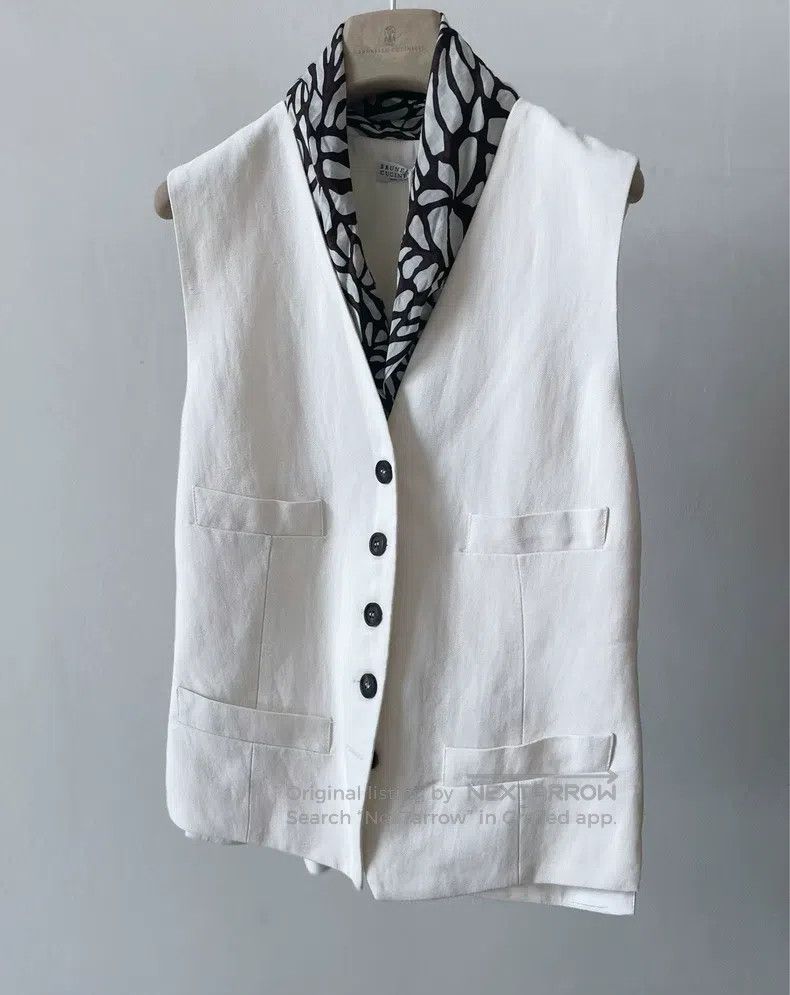 Brunello Cucinelli Brunello Cucinelli White linen blend beaded vest (with sca Size S / US 4 / IT 40 - 1 Thumbnail