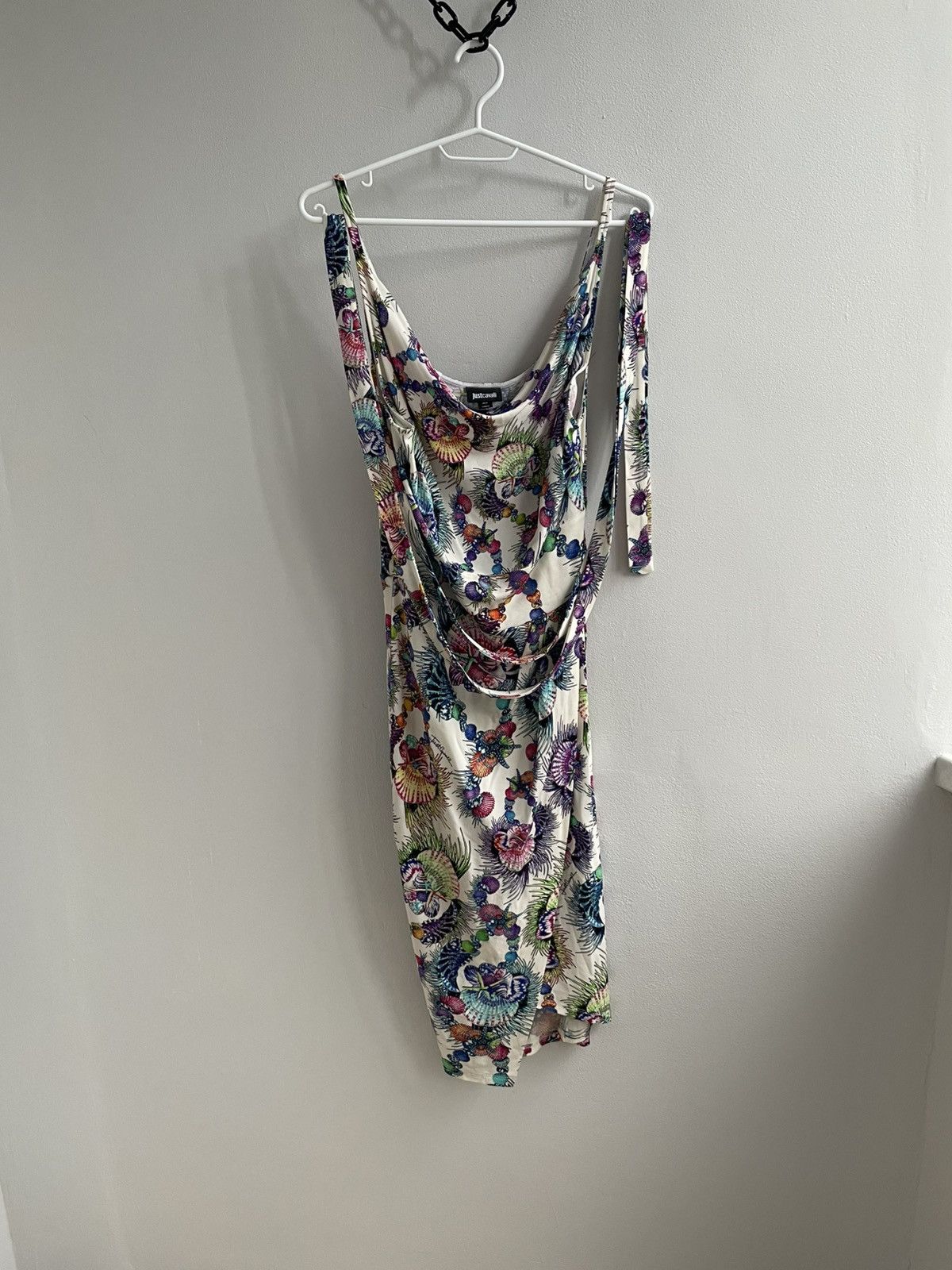 knee length dresses for ladies JUST CAVALLI One Shoulder Midi Navy/Purple Multi Feather Cocktail Dres   Style Exchange Boutique PGH