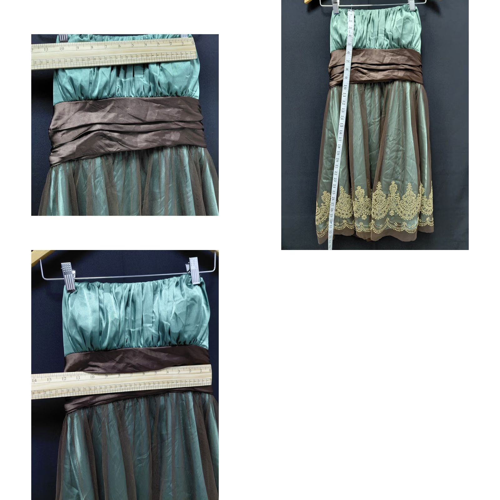 Vintage Blondie Nites by Stacy Sklar Strapless Women Dress Knee Length Green Embroidered Lined Satin/Tulle Mix Formal Party/Cocktail XS? Size L / US 10 / IT 46 - 8 Thumbnail