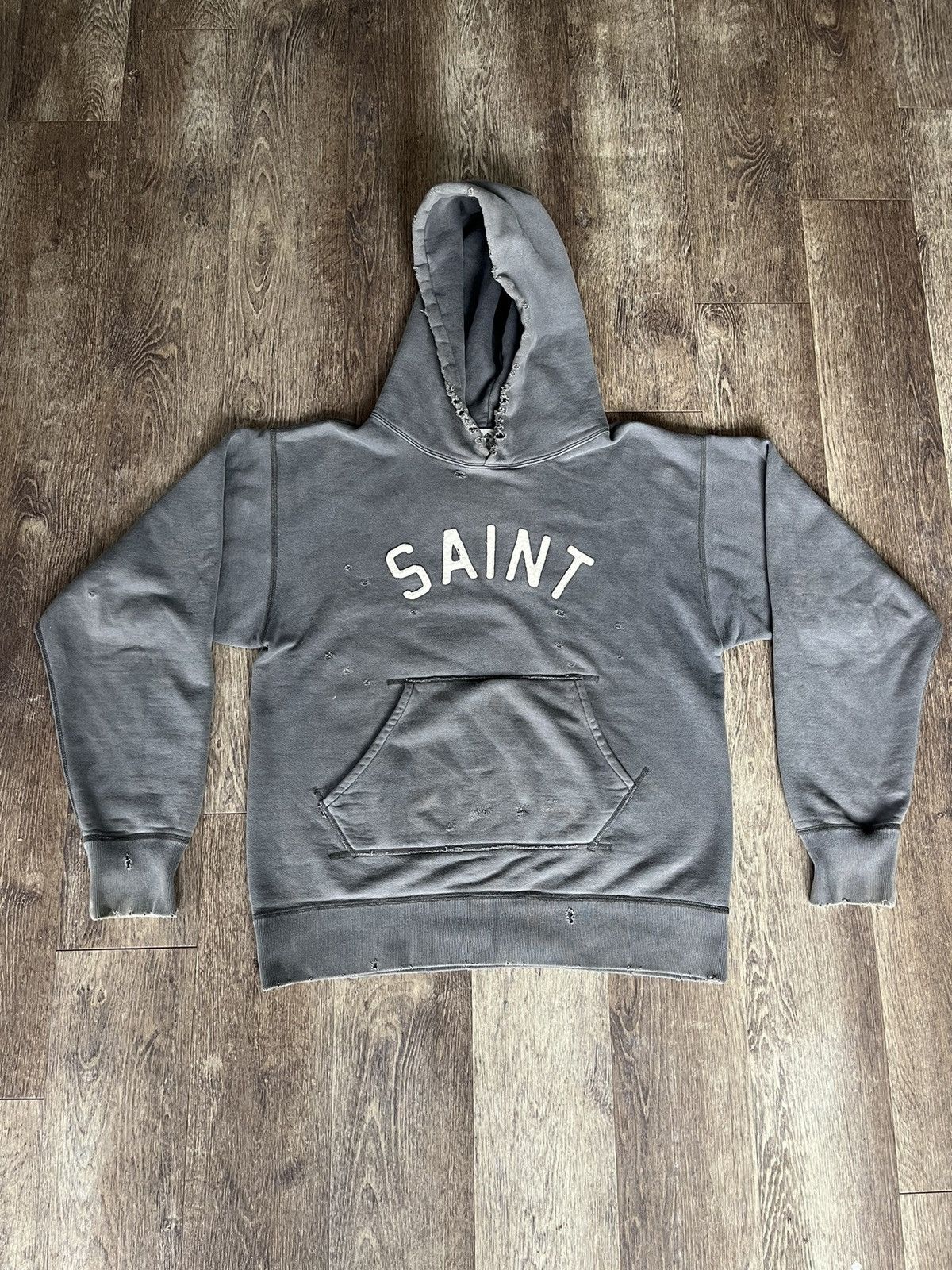 image of Readymade x Saint Michael “No Blood Left” Distressed Hoodie in Blue, Men's (Size Medium)