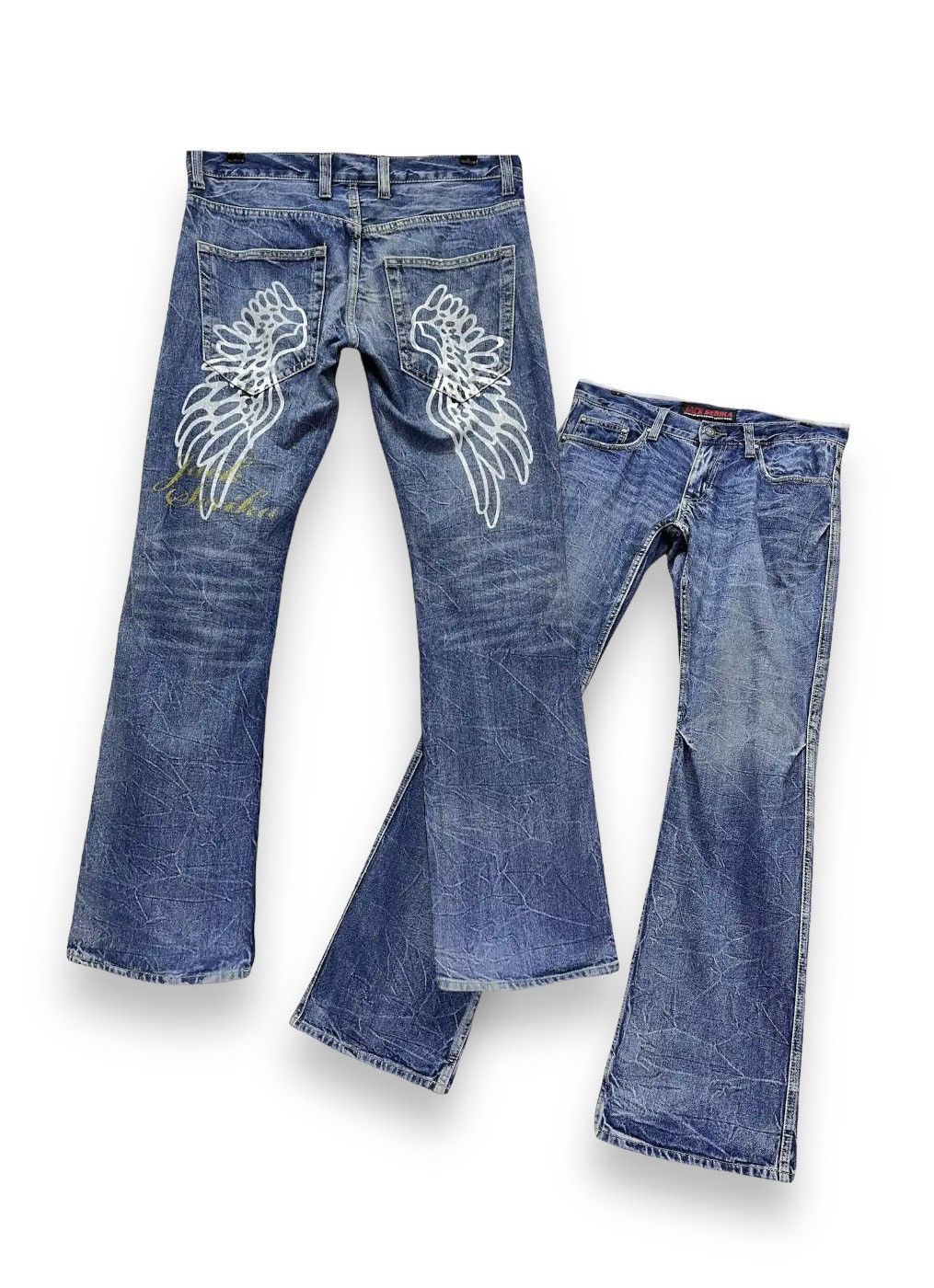 image of Artist Denim x Crafted Goods Crafted With Expert Artist Work Winged Flare Denim Pants in Blue (Size