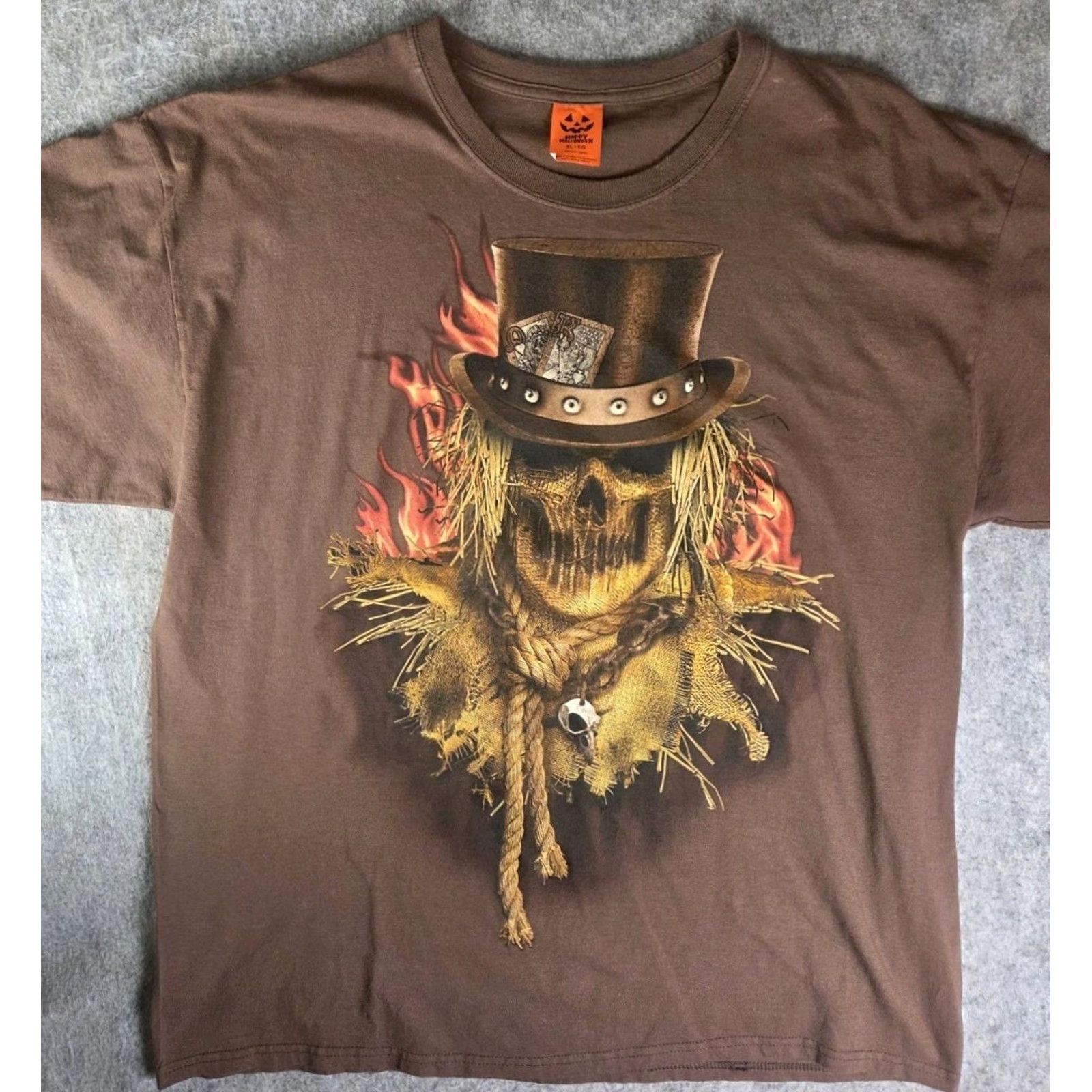 Vintage Halloween Scarecrow Skull T-Shirt Brown XL Crew Neck Short Sleeve Graphic Tee Men Distressed Poker Cards Size US XL / EU 56 / 4 - 2 Thumbnail