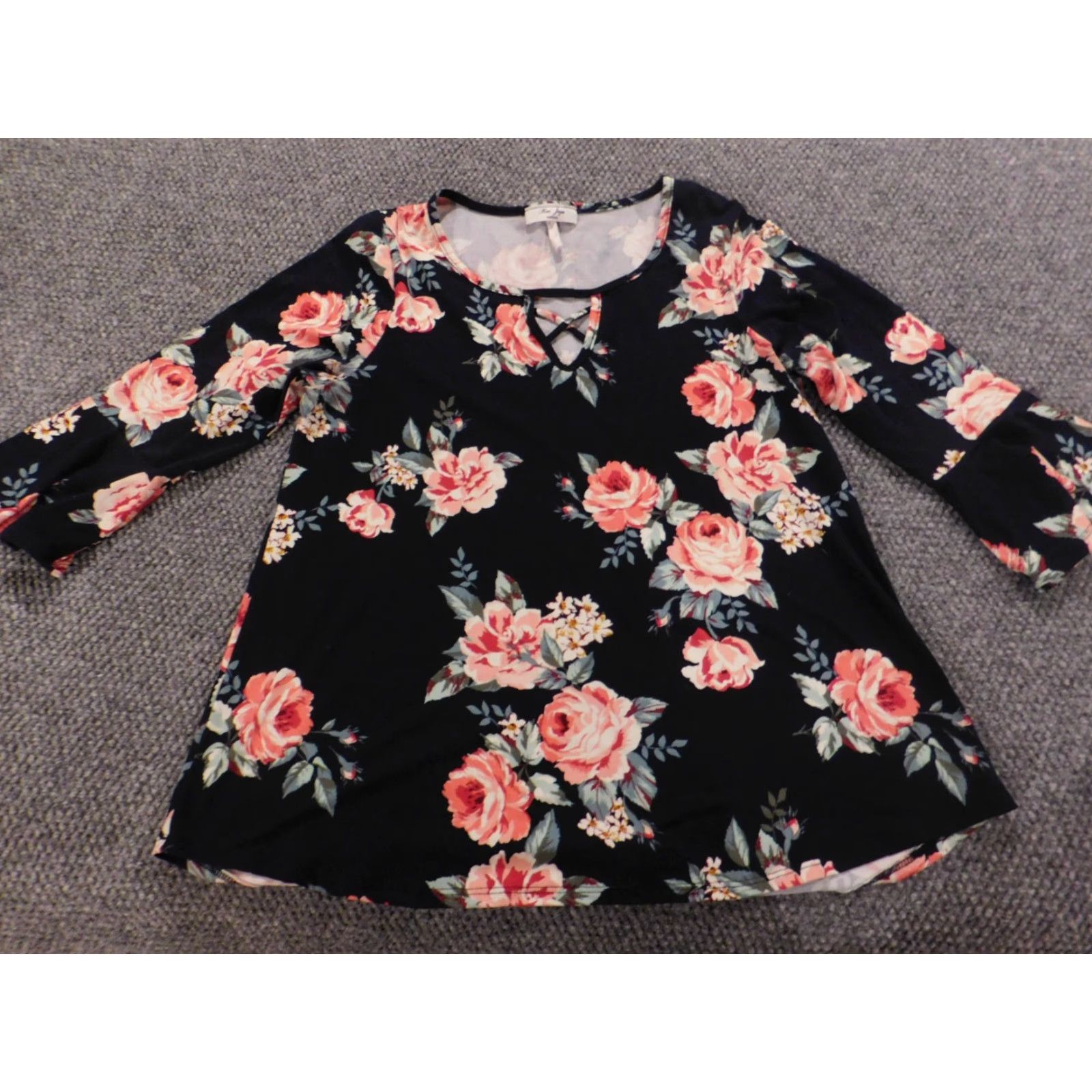 Vintage Rue Juju Womens Blouse Shirt Regular Medium Black Floral Stretch Crew Neck Long Sleeve Casual Zipper timeless Classic Vector: none (avoid adding). Size M / US 6-8 / IT 42-44 - 2 Thumbnail