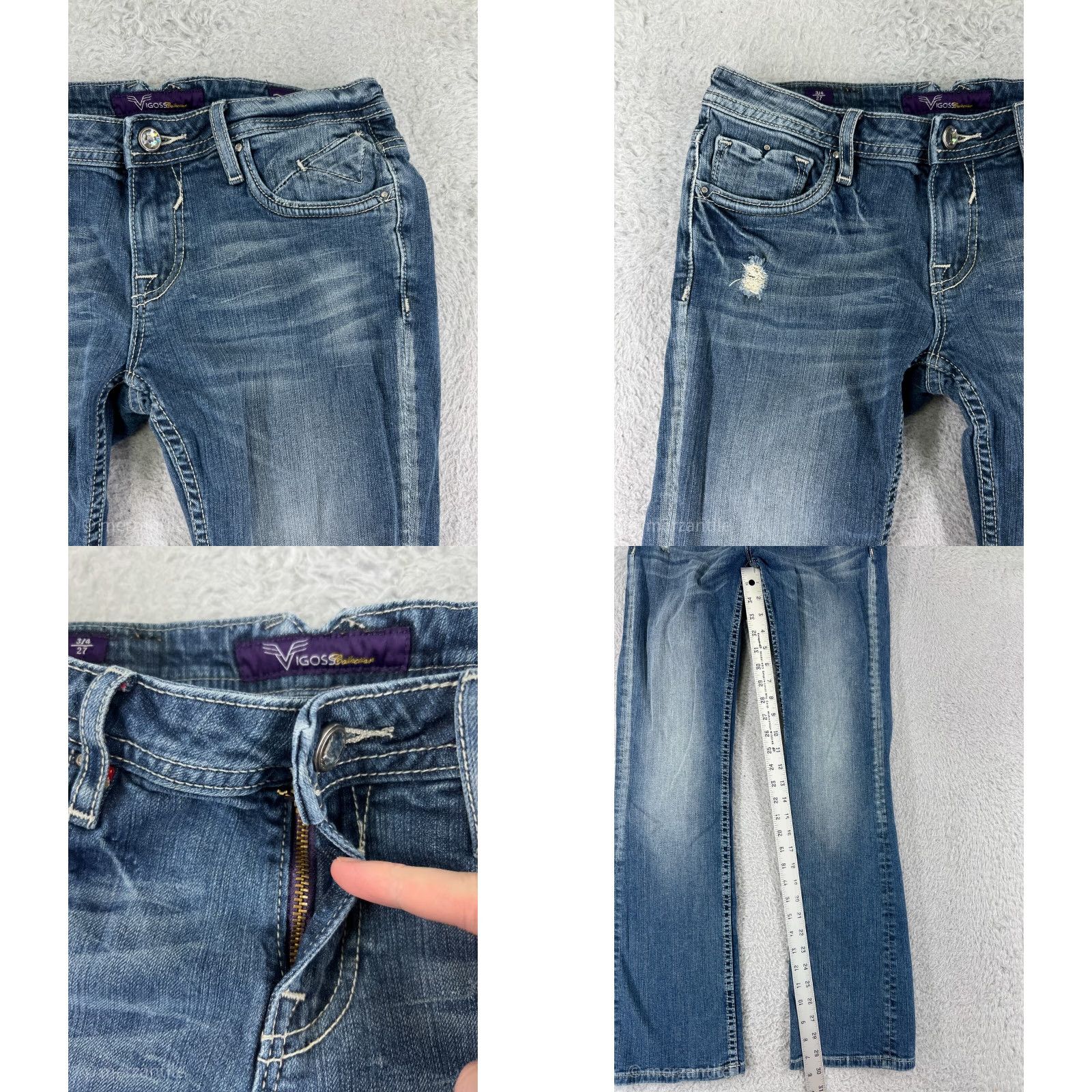 Vintage VIGOSS Denim Jeans Women 27 Blue Distressed Rhinestone Embellished 5-Pocket Straight Boot Cut Pants Size 27" / US 4 / IT 40 - 8 Thumbnail
