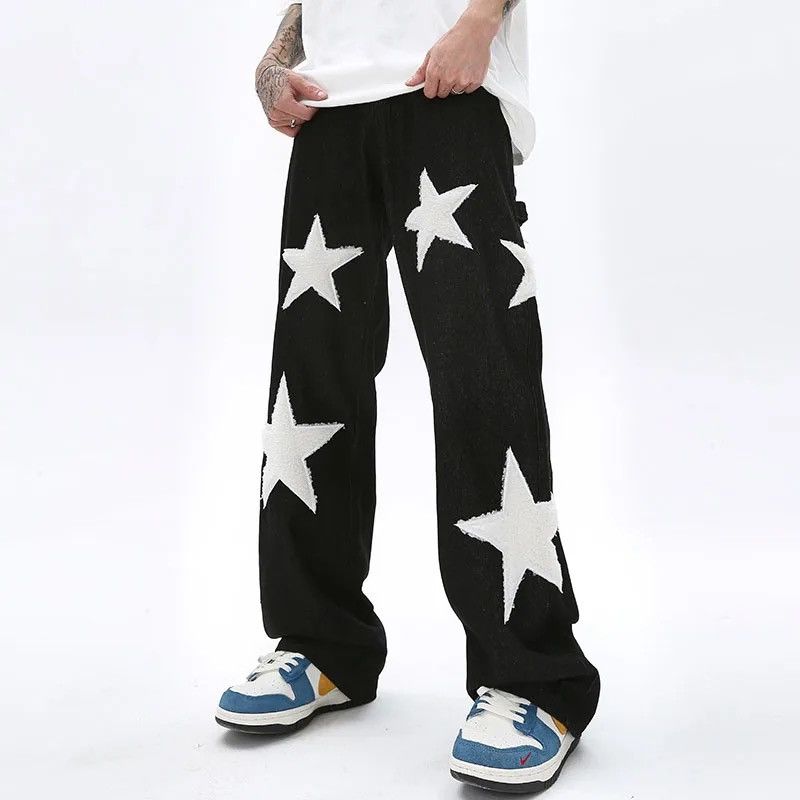 image of Avant Garde Retro-Style Jeans Ripped Baggy Trousers Star Harajuku Style in Black, Men's (Size 30)