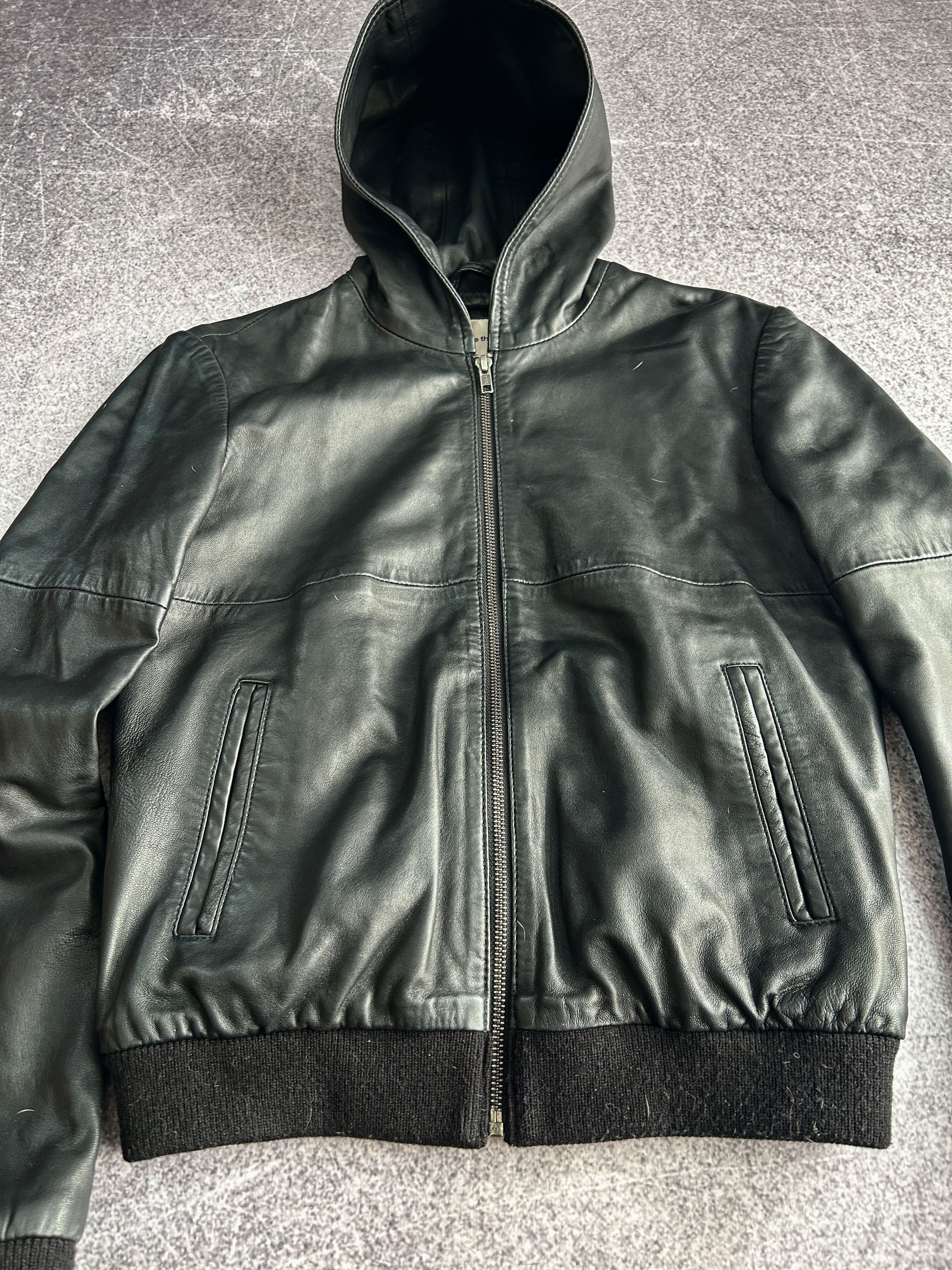 Vintage Leather Hooded Jacket Cropped Minimalist Black Y2K Size US XS / EU 42 / 0 - 5 Thumbnail