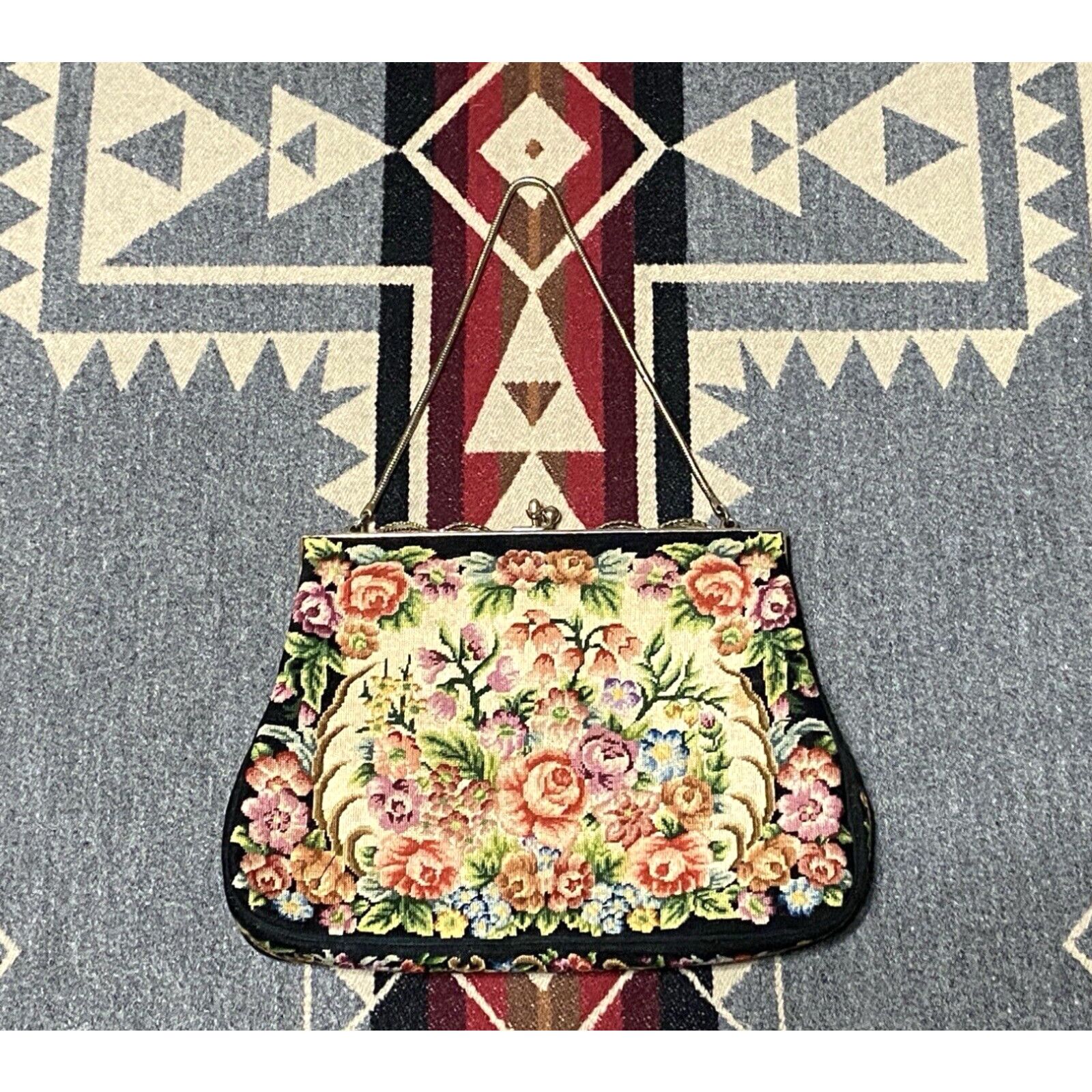 image of Vintage Needlepoint Multicolor Floral Purse Handbag Clutch Black Bag Bc in White, Men's