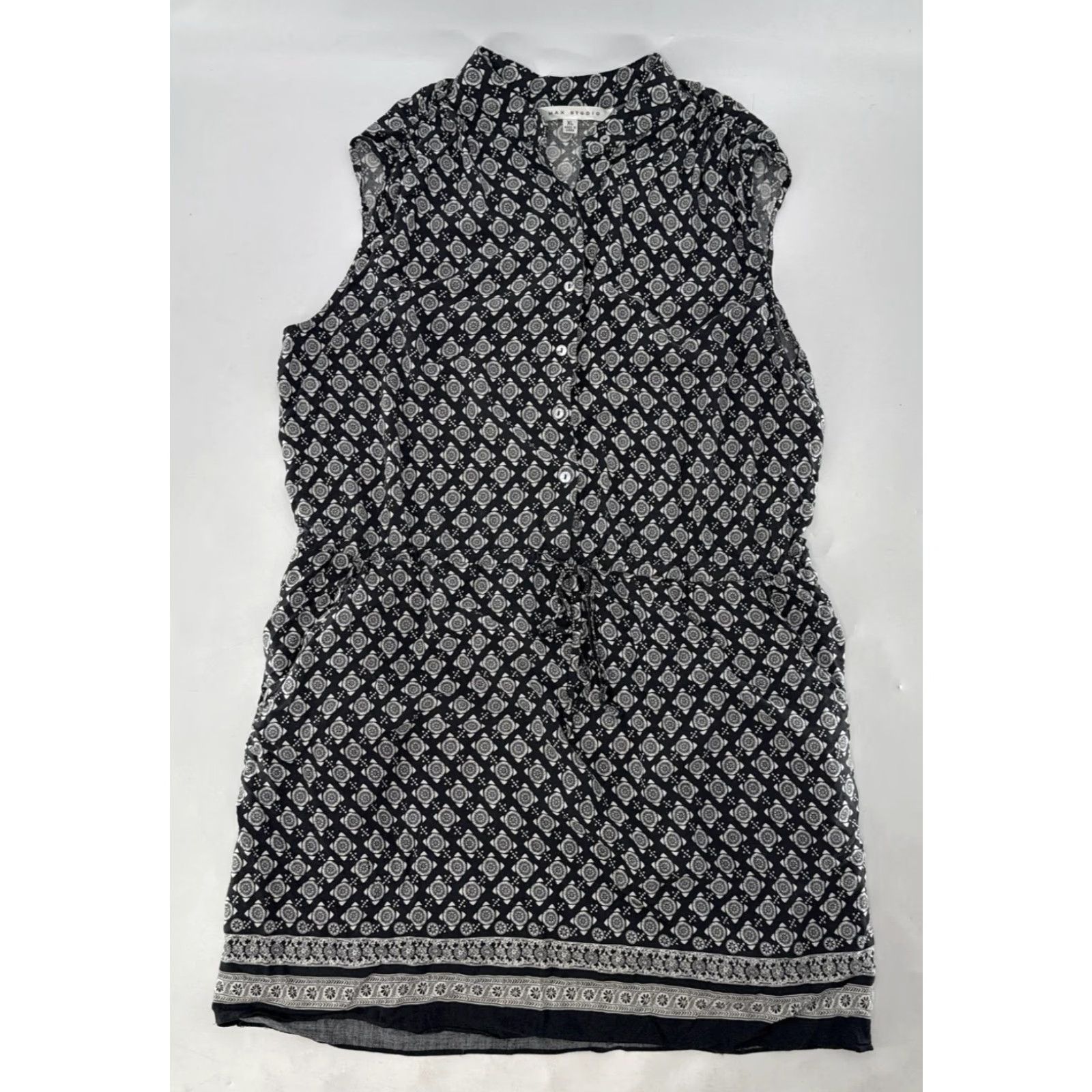 Vintage Max Studio Sleeveless Printed Drawstring Pockets Dress XL Black Boho Lightweight Shirt Dress Womens Size XL / US 12-14 / IT 48-50 - 3 Thumbnail