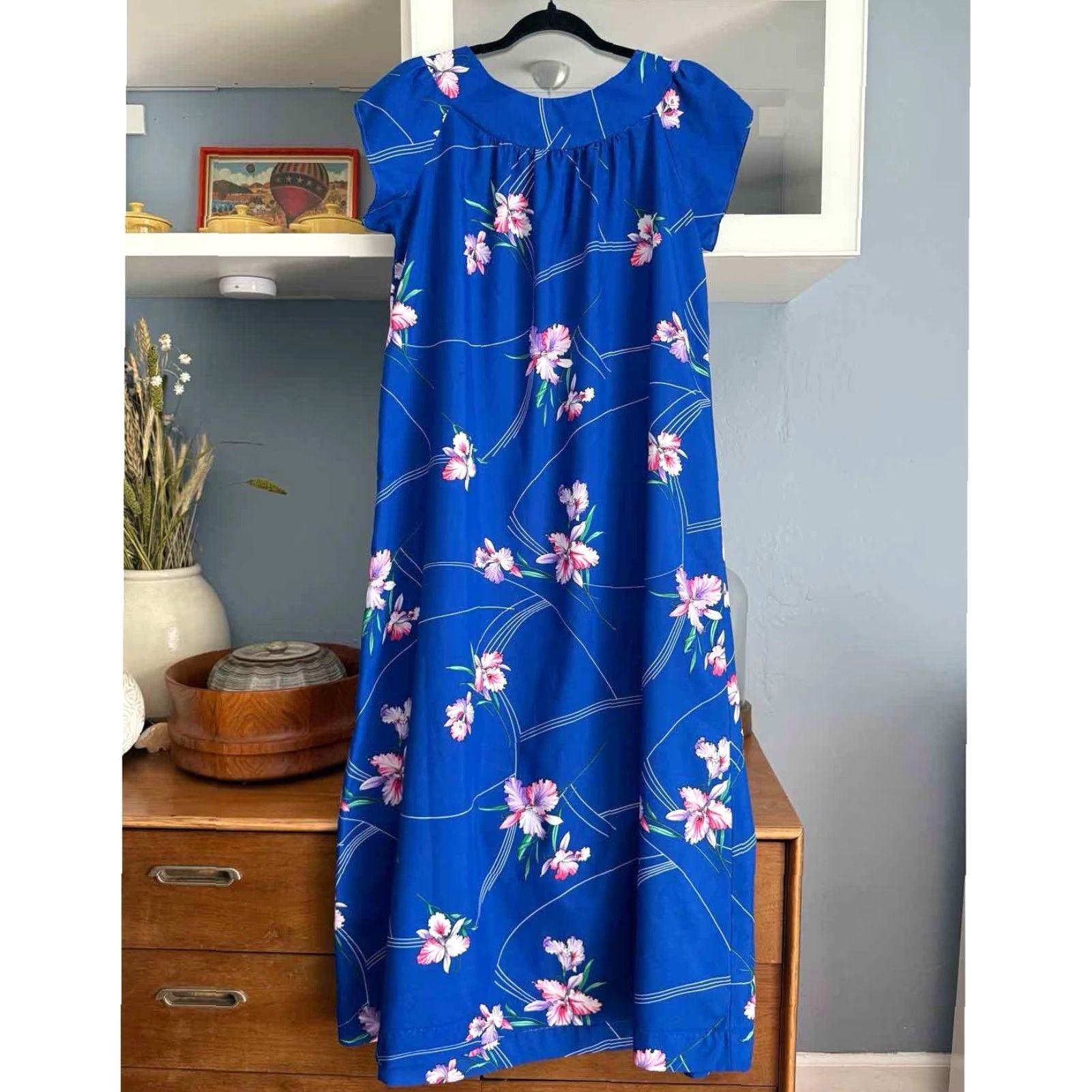Vintage VINTAGE Hukilau Fashions Hawaiian Dress M/L Blue Floral Maxi Mumu Short Sleeve Puff Sleeve A-Line Women's Dress Size M / US 6-8 / IT 42-44 - 2 Thumbnail
