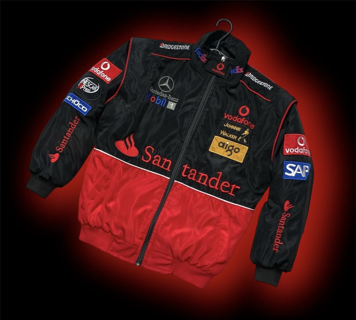 image of Bomber Jacket x Mercedes Benz Moto Jacket Mercedes Benz Mc Laren Race S Vintage in Red (Size Small)