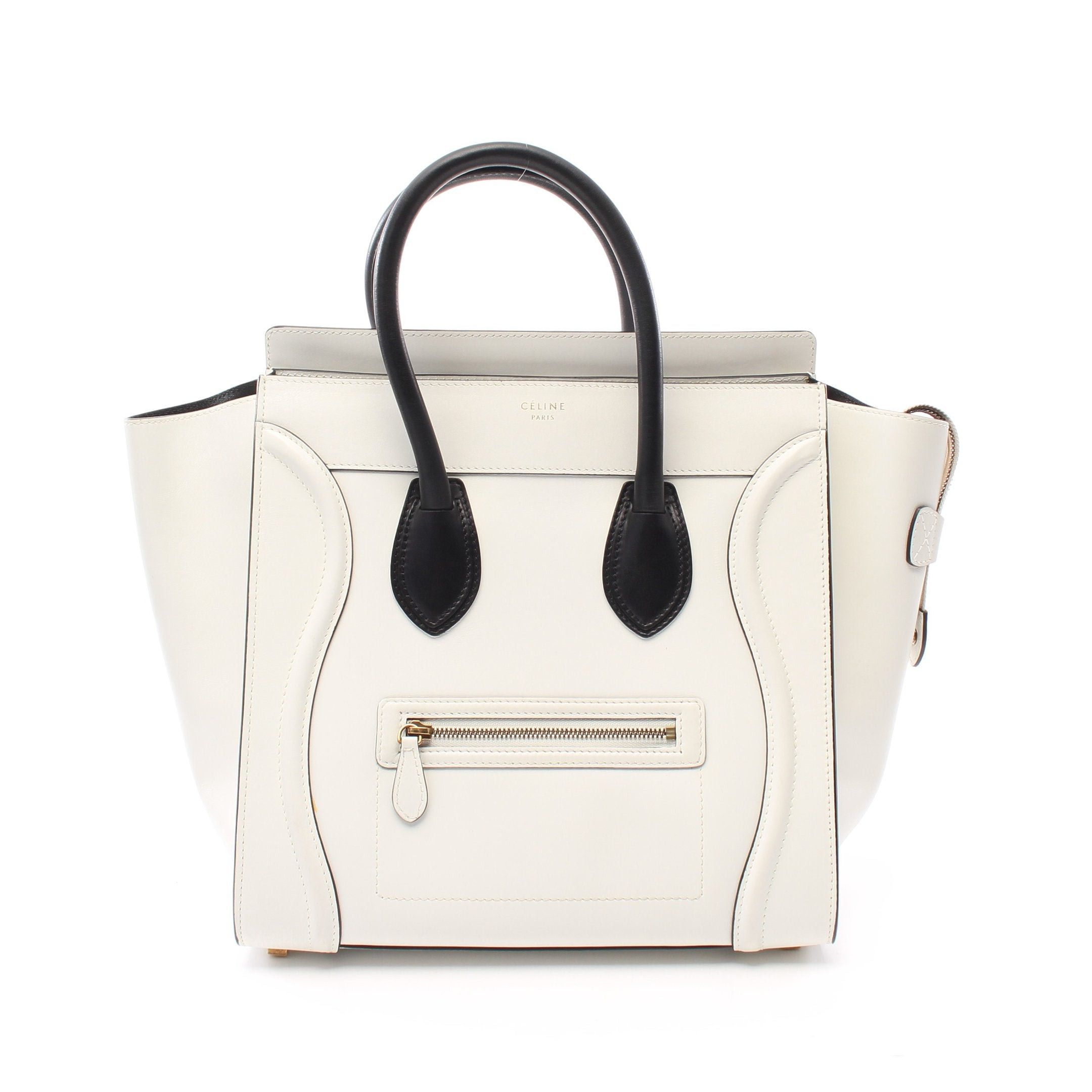 image of Celine Luggage Mini Shopper Handbag Leather White Black, Women's
