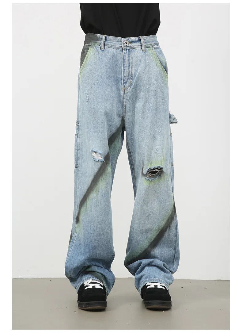 Jean × Vintage Streetwear Hand-Painted Contrast Wide-Leg Ripped Jeans Size US 32 / EU 48 - 3 Thumbnail