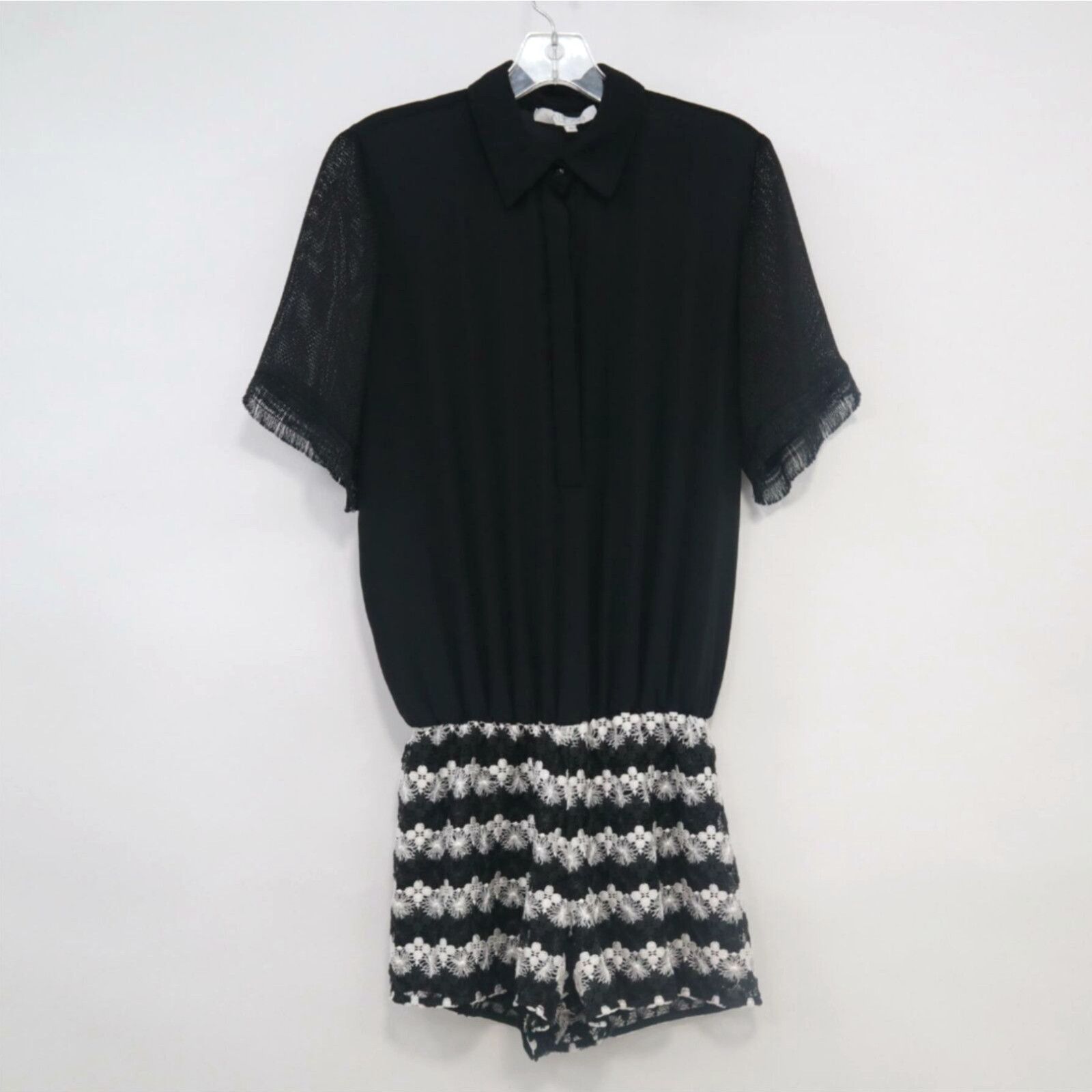 image of Alexis Romper Womens S Small Black Lace Bottom Shorts Sheer Fringe White Party (Size 28)