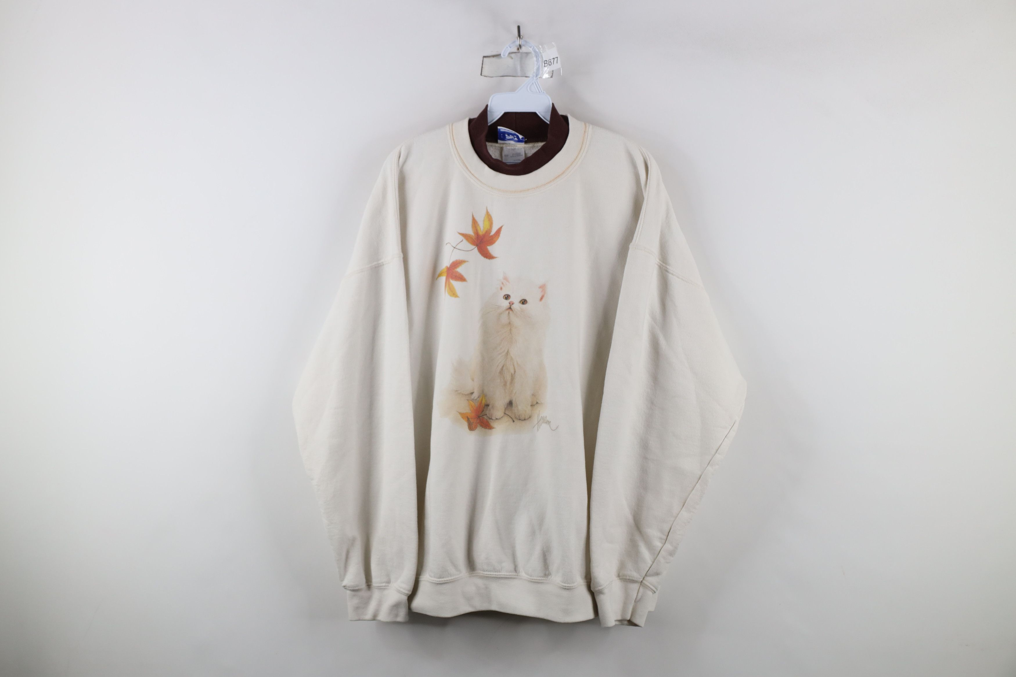 Vintage Vintage 90s Streetwear Kitten Fall Leaves Sweatshirt White Size XL / US 12-14 / IT 48-50 - 1 Thumbnail