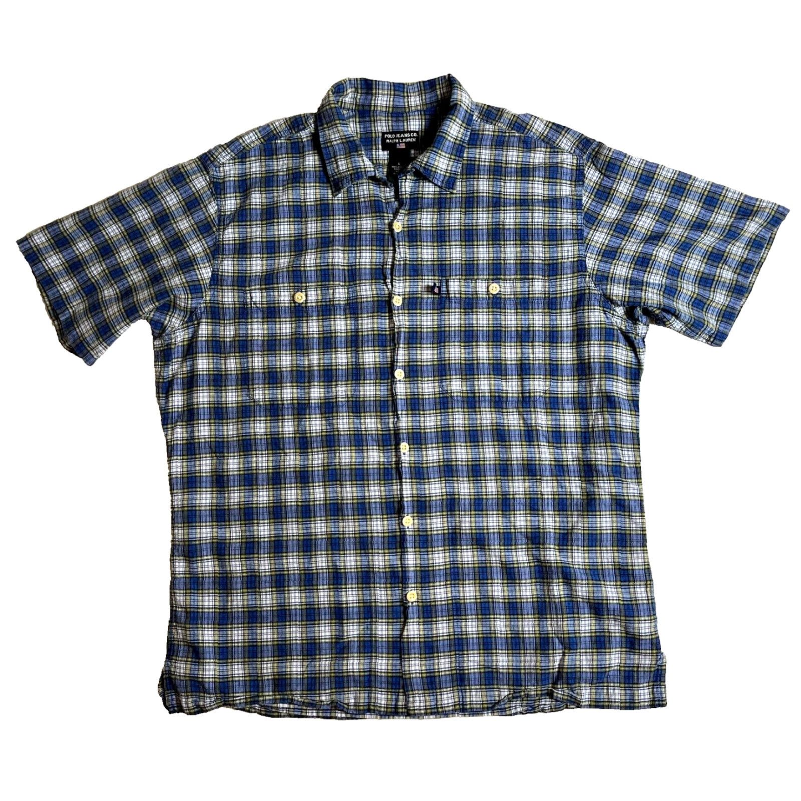Polo Ralph Lauren VINTAGE Polo Jeans Co. Ralph Lauren Short Sleeve Button-Up Shirt Plaid Sz L Mens Men’s Large Blue Cotton 90s Classic Retro Pockets Size US L / EU 52-54 / 3 - 2 Thumbnail