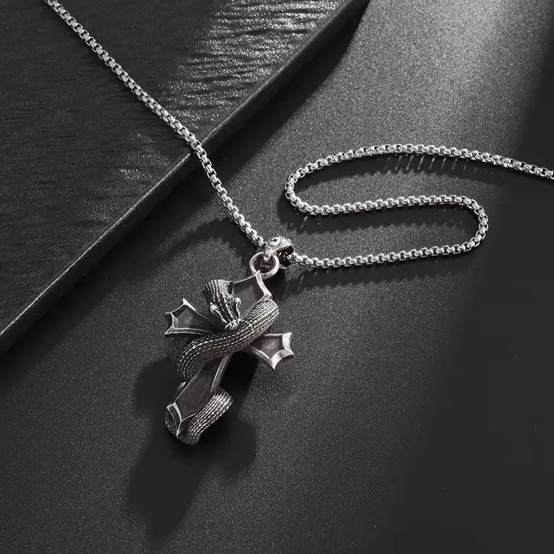 Jewelry × Vintage Gothic Retro Cross Dragon Snake Pendant Necklace Size ONE SIZE - 4 Thumbnail