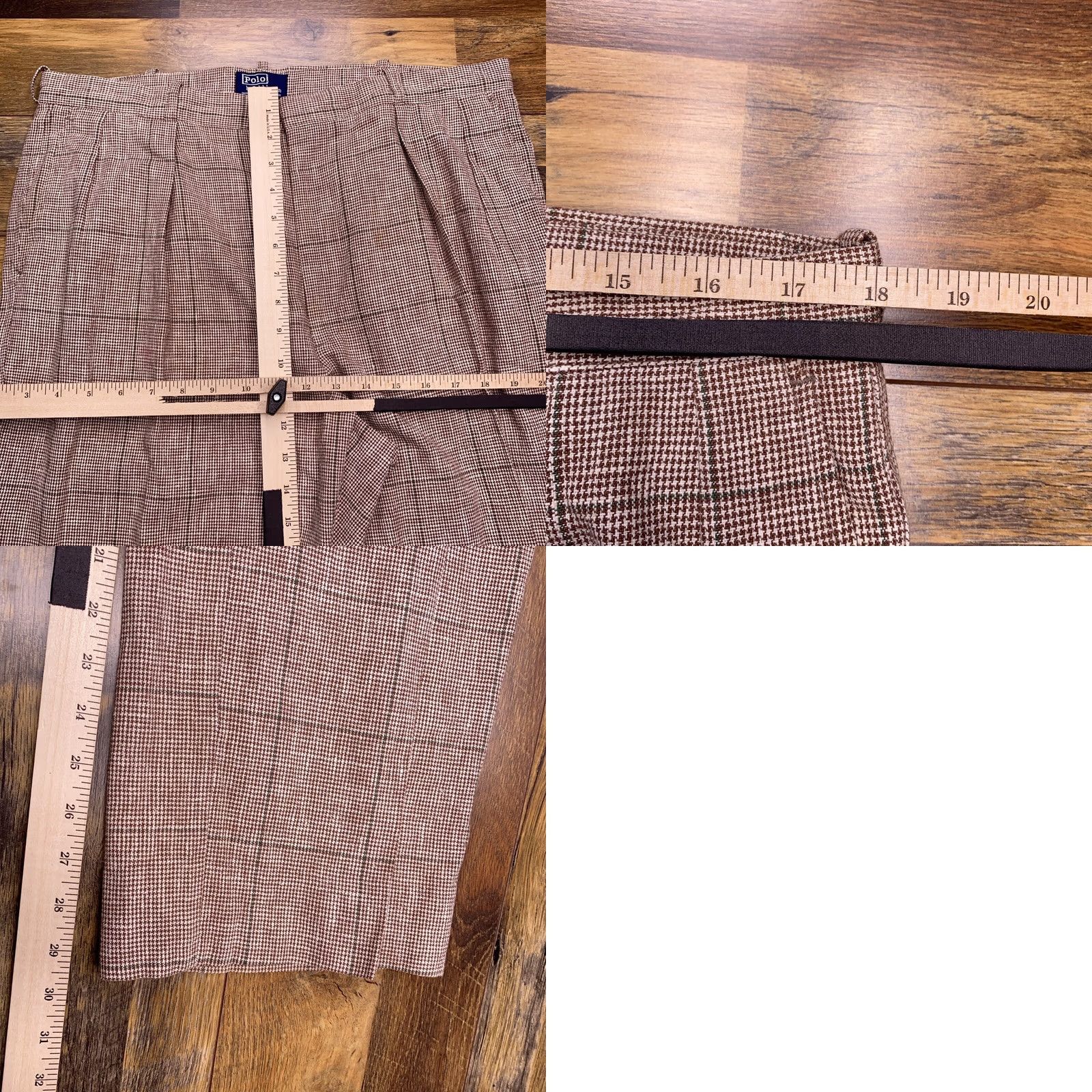 Polo Ralph Lauren VINTAGE Polo Ralph Lauren Pants Mens 36x30 Pleated Windowpane Plaid Houndstooth Brown Straight Chino Belt Loops Logo Vintage Boy? Size US M / EU 48-50 / 2 - 9 Thumbnail