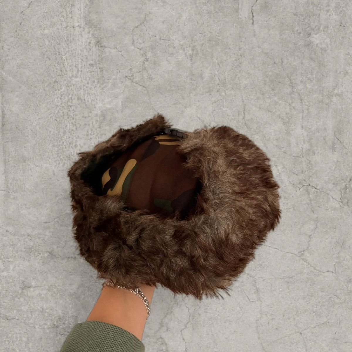 Japanese Brand Russian Ushanka fluffy winter hat in brown camo. One size Size ONE SIZE - 4 Thumbnail
