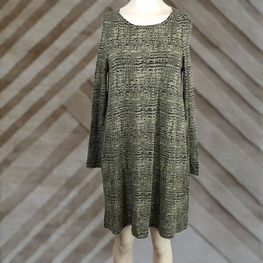 Vintage Pact Organic Cotton Long Sleeve Shift Dress Olive Green Abstract Dot Print M Size M / US 6-8 / IT 42-44 - 1 Thumbnail