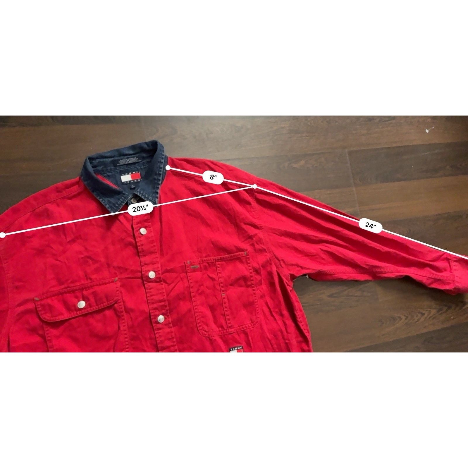 Tommy Hilfiger THF Mens Shirt L Red Vintage 90's Denim Collar Metal Buttons Size US L / EU 52-54 / 3 - 7 Thumbnail