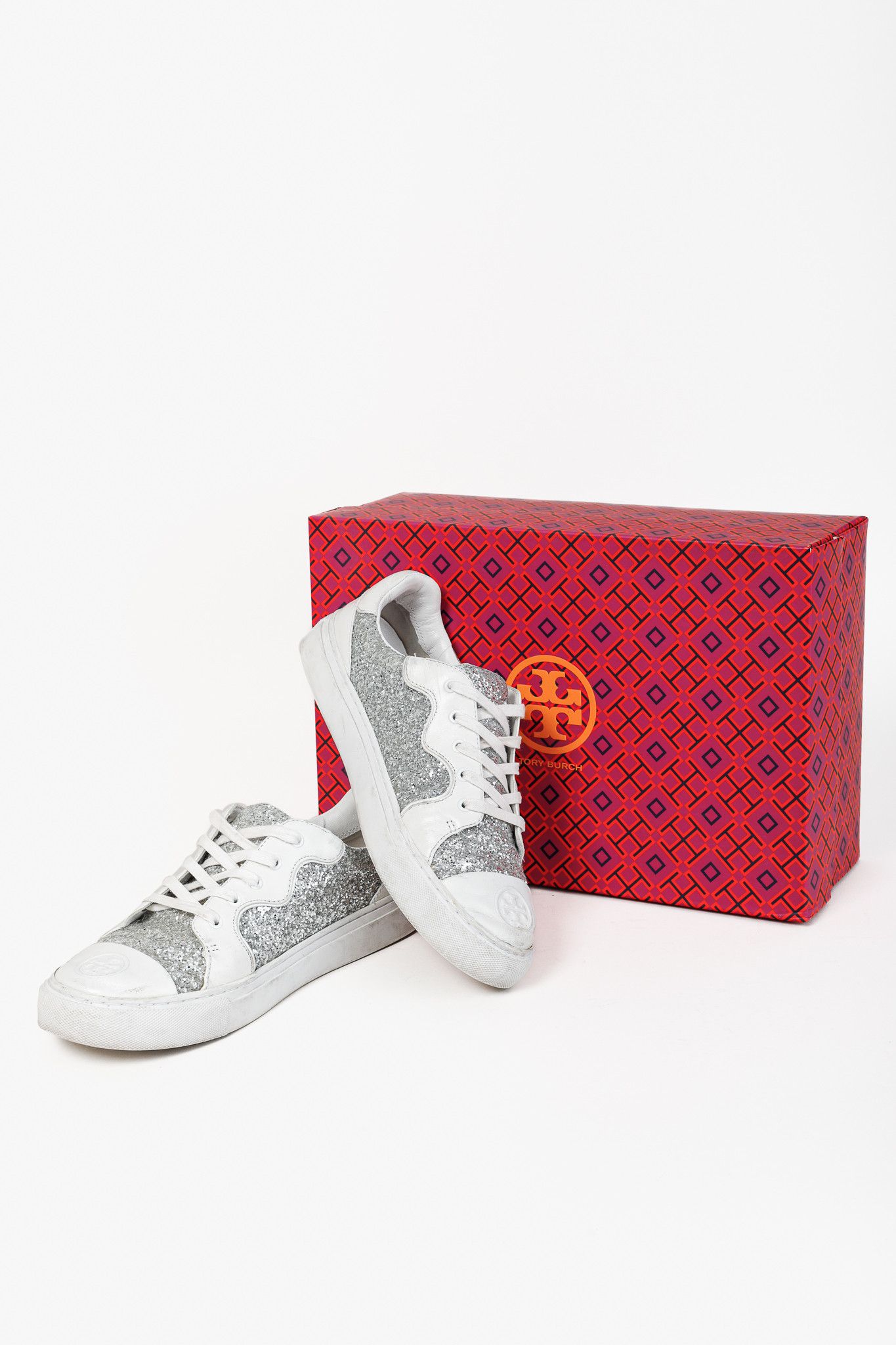 Tory Burch Tory Burch Milo Lace-Up Leather Silver-Glitter Sneakers Size US 7.5 / IT 37.5 - 1 Thumbnail