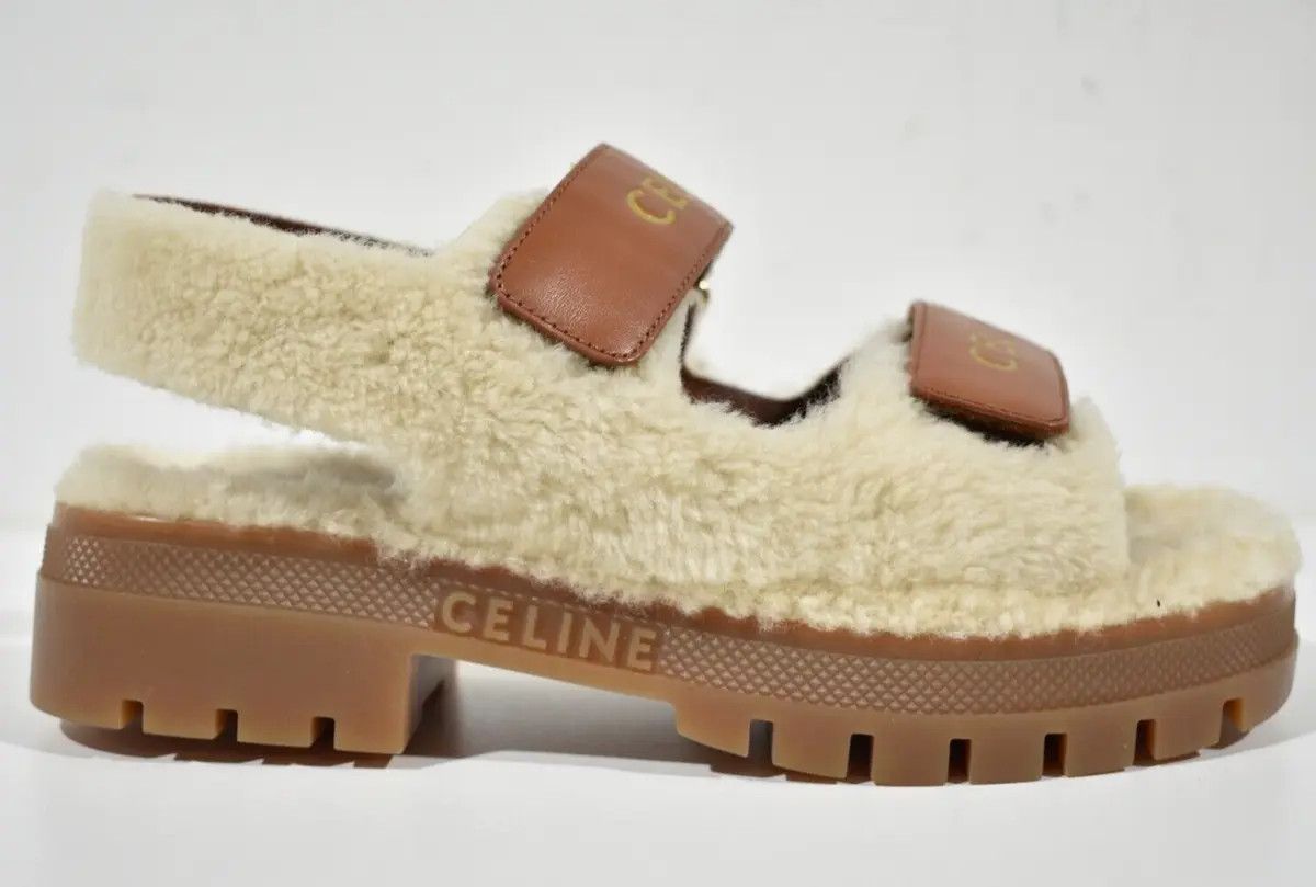 image of Celine Leo Strap Leather And Shearling Sandals in White, Women's (Size 10)
