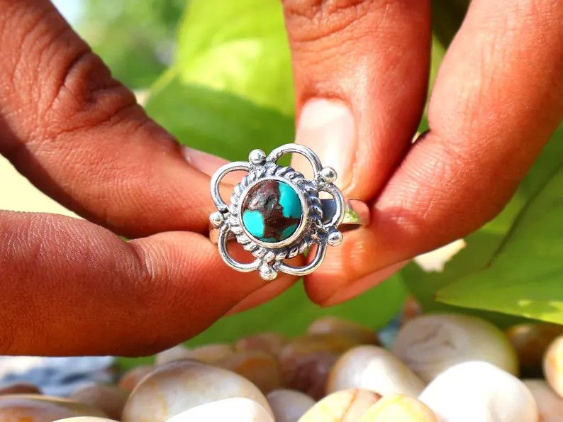 Handmade Turquoise Silver Ring, Flower Gemstone, December Birthstone Size ONE SIZE - 1 Thumbnail