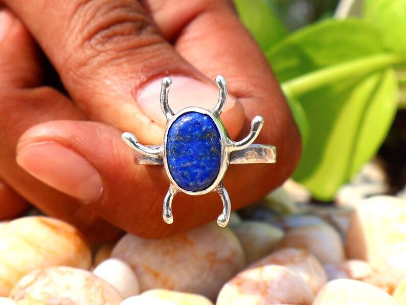 Handmade Lapis Lazuli Insect Ring, Handmade 925 Silver Scarab Beetle Size ONE SIZE - 4 Thumbnail