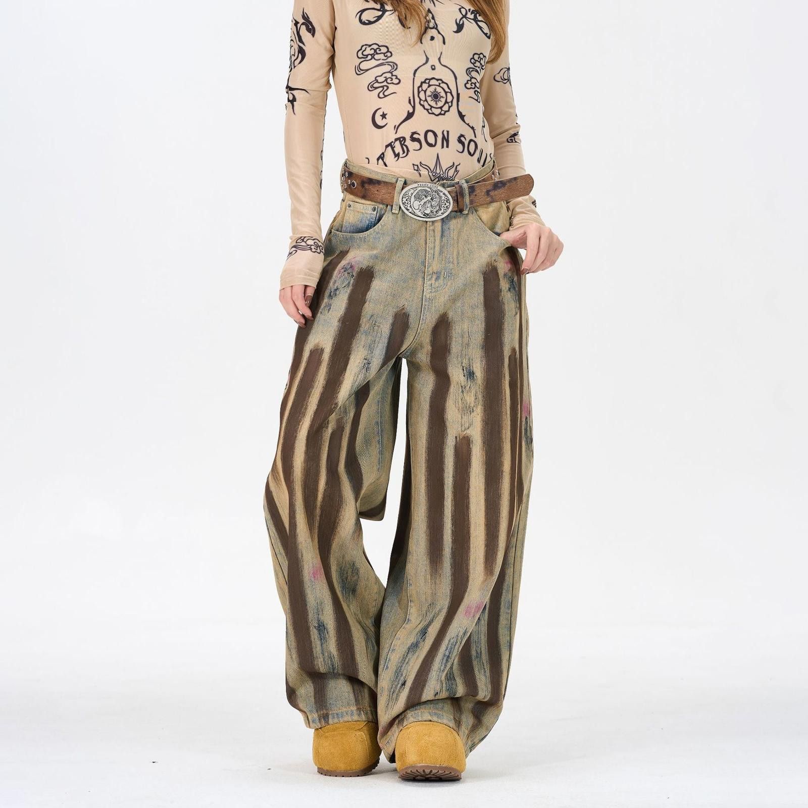 Vintage Brown Tie-Dye Wide Leg Jeans, Baggy Denim Pants Size 27" / US 4 / IT 40 - 1 Thumbnail