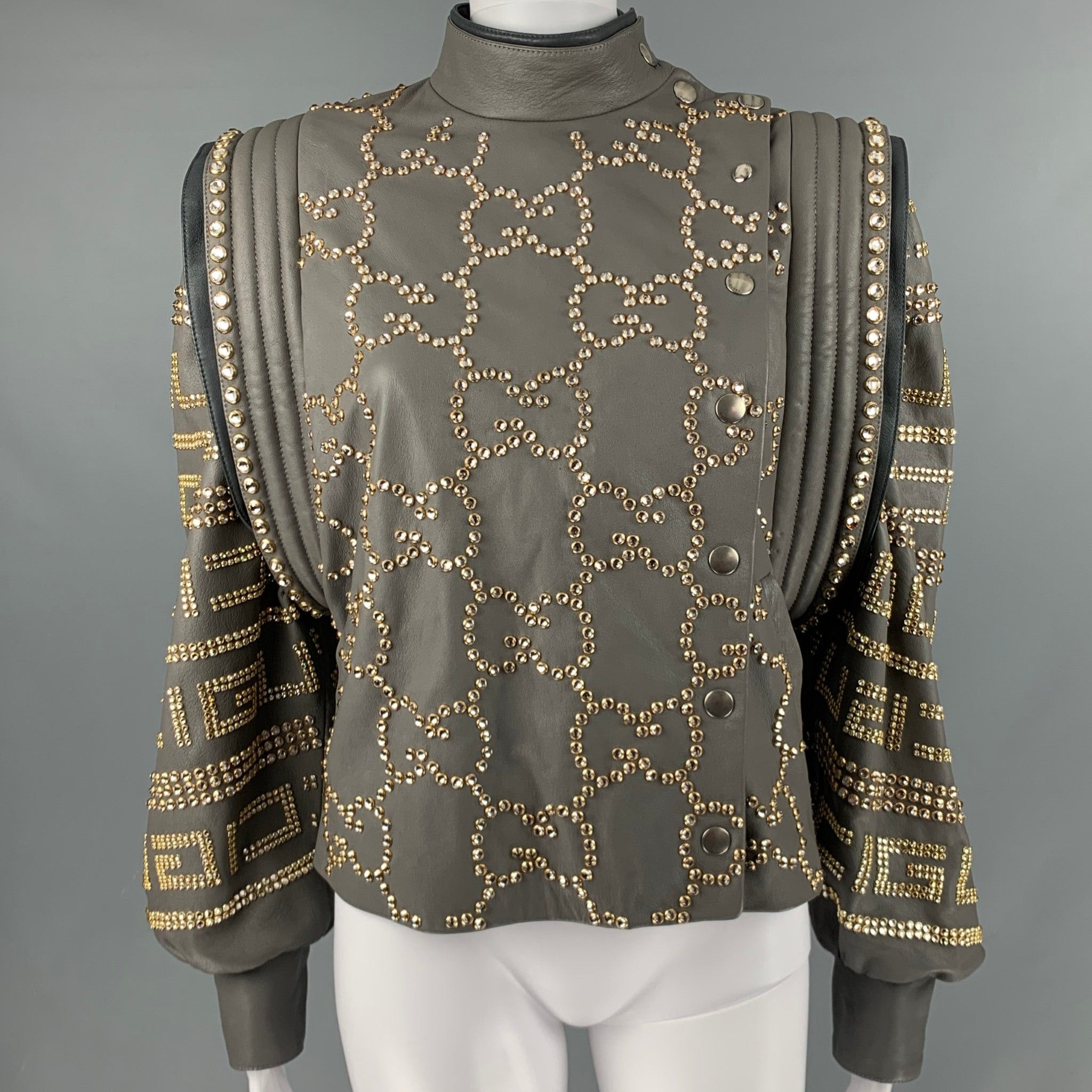 image of Gucci Fw2018 Runway Grey Gold Leather Studded Cropped Jacket, Women's (Size XS)