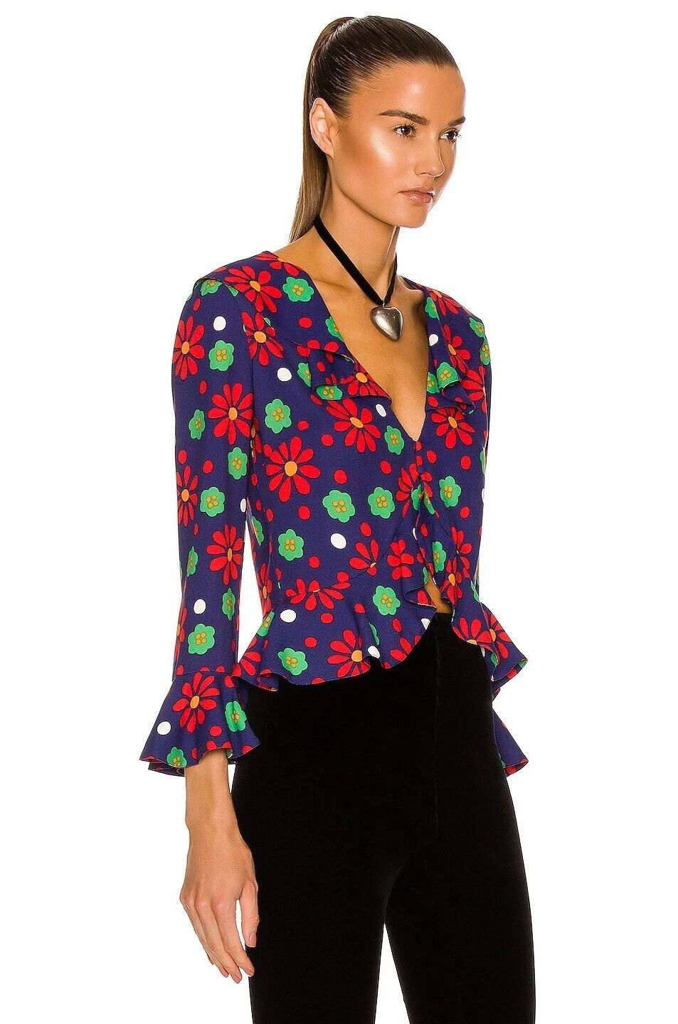 Saint Laurent Paris Blue Floral Ruffled Viscose Blouse Size S / US 4 / IT 40 - 3 Thumbnail