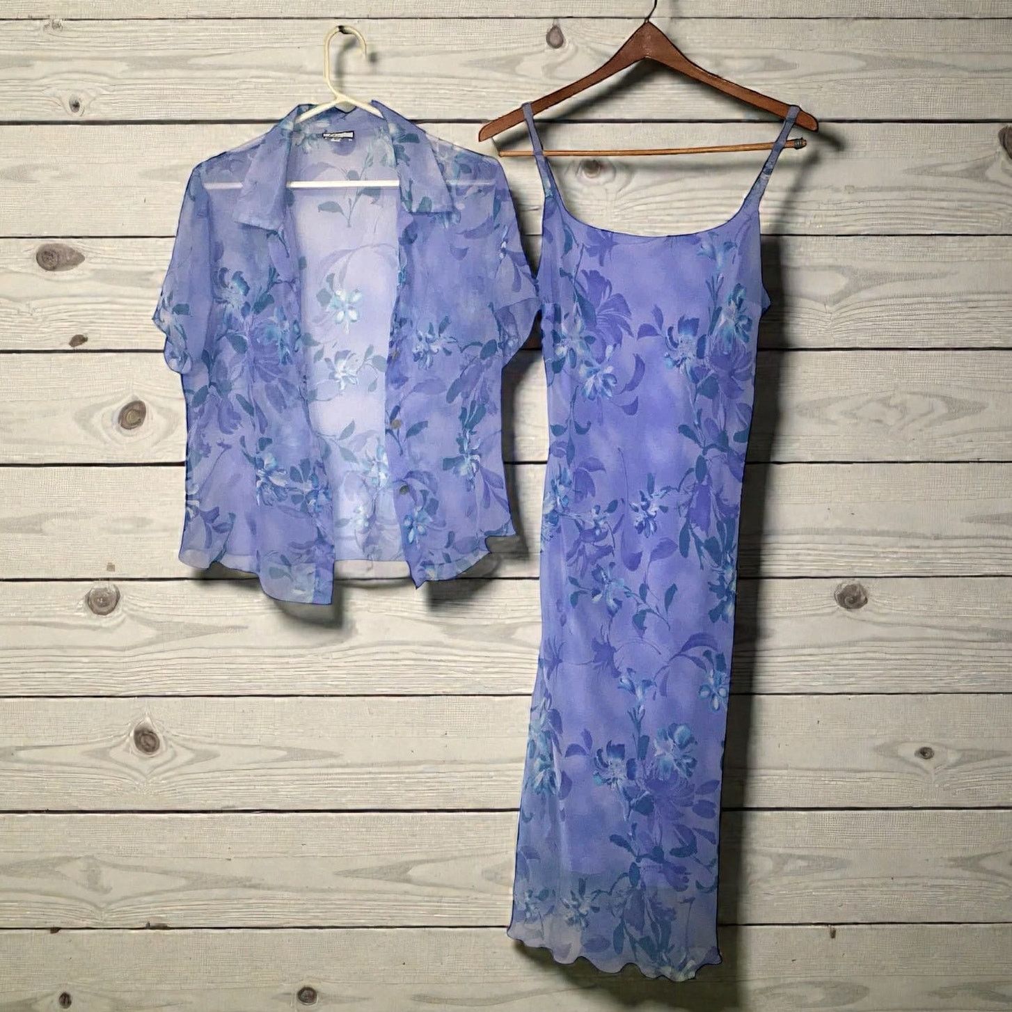 Other Y2K Blue Floral Sheer Maxi Dress Flutter Sleeveless w/ Shawl Size L / US 10 / IT 46 - 1 Thumbnail