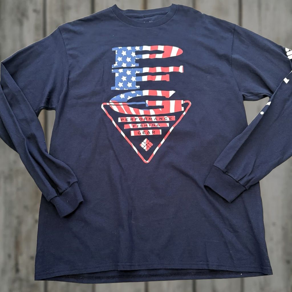 Vintage Columbia PFG Long Sleeve T-Shirt Mens Large Navy Blue Flag Graphic Cotton UV Protection Crew Neck Pullover Shirt Regular Fit Fishing Outdoor Seasonal Size US L / EU 52-54 / 3 - 1 Thumbnail