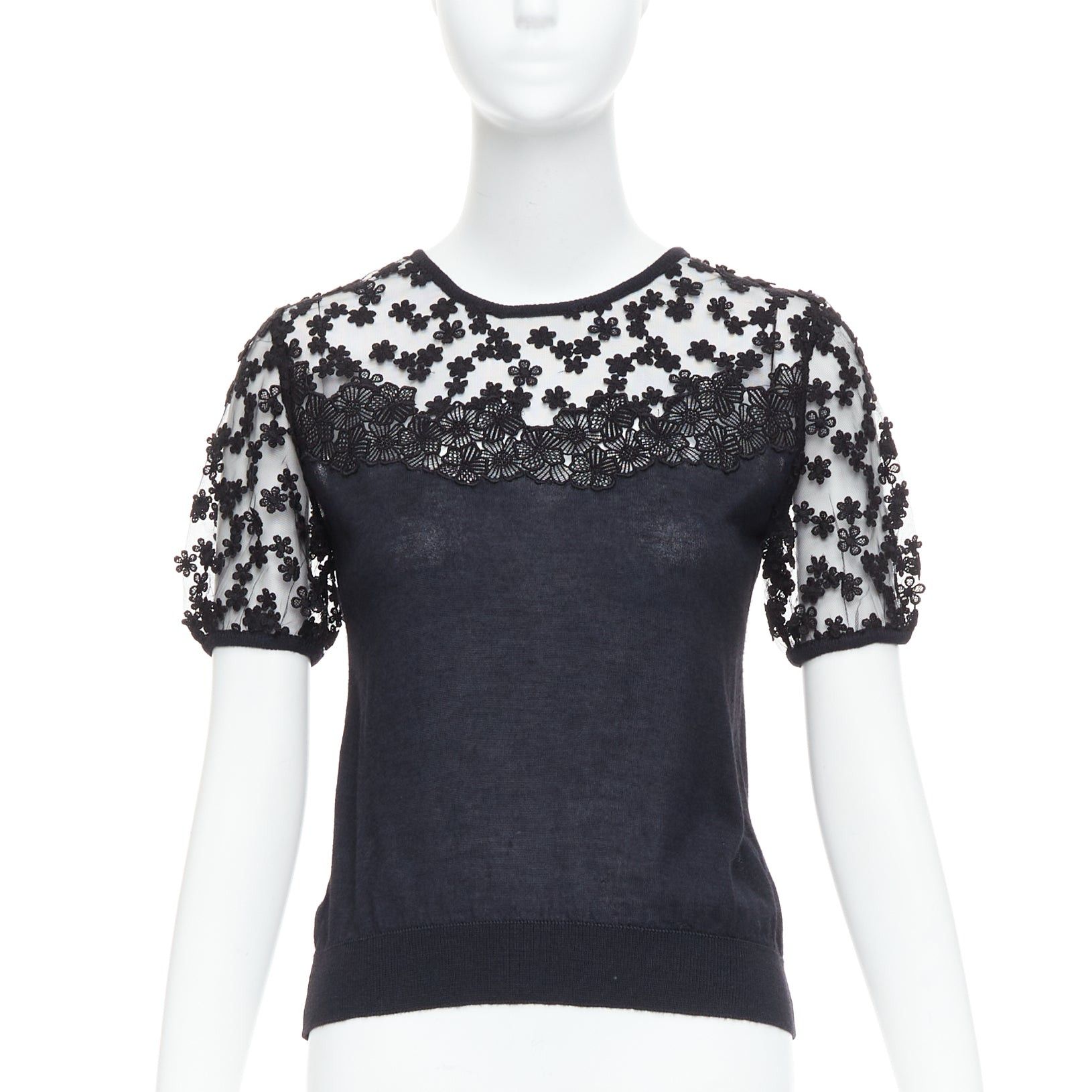 Giambattista Valli GIAMBATTISTA VALLI black cashmere silk floral sheer lace panel sweater IT38 XS Size XS / US 0-2 / IT 36-38 - 1 Thumbnail