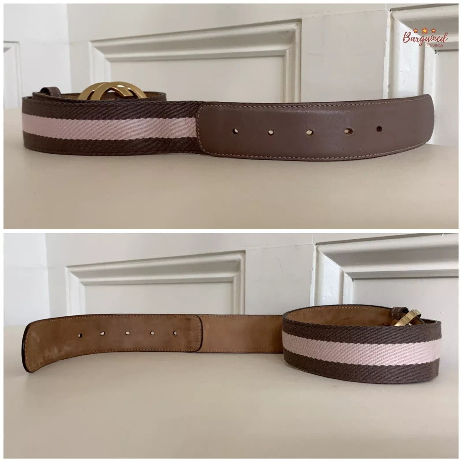 Gucci Gucci Taupe/Pink Web Leather Gold Interlocking G Buckle Belt Size 28 - 8 Thumbnail